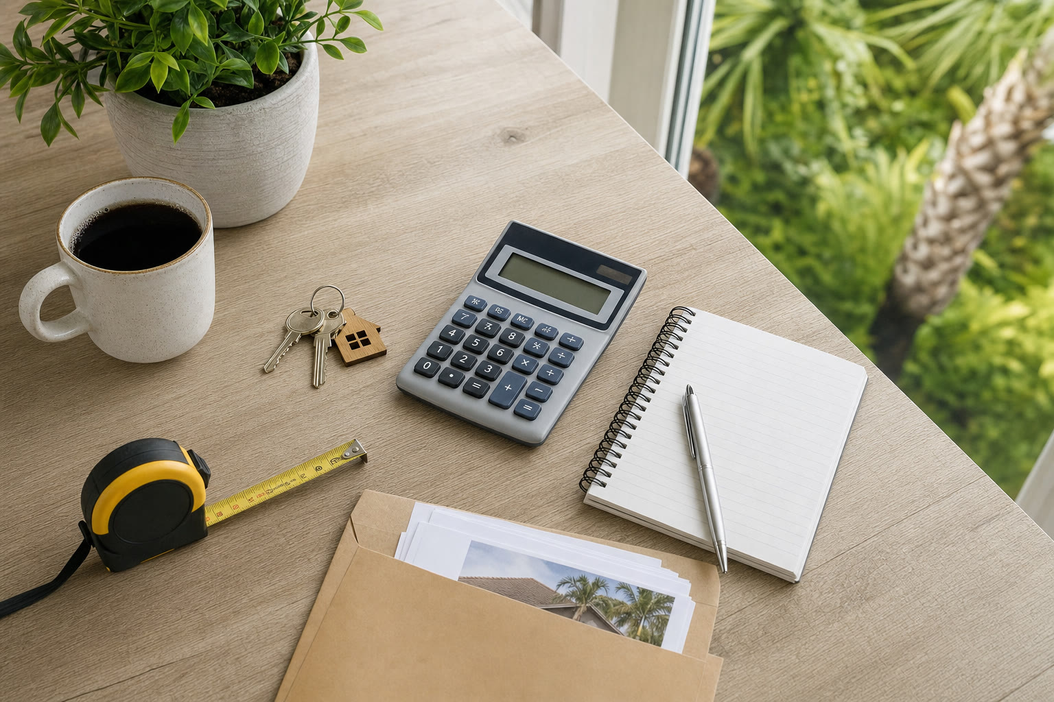Calculator, home keys, notebook, and documents on a table beside Florida greenery