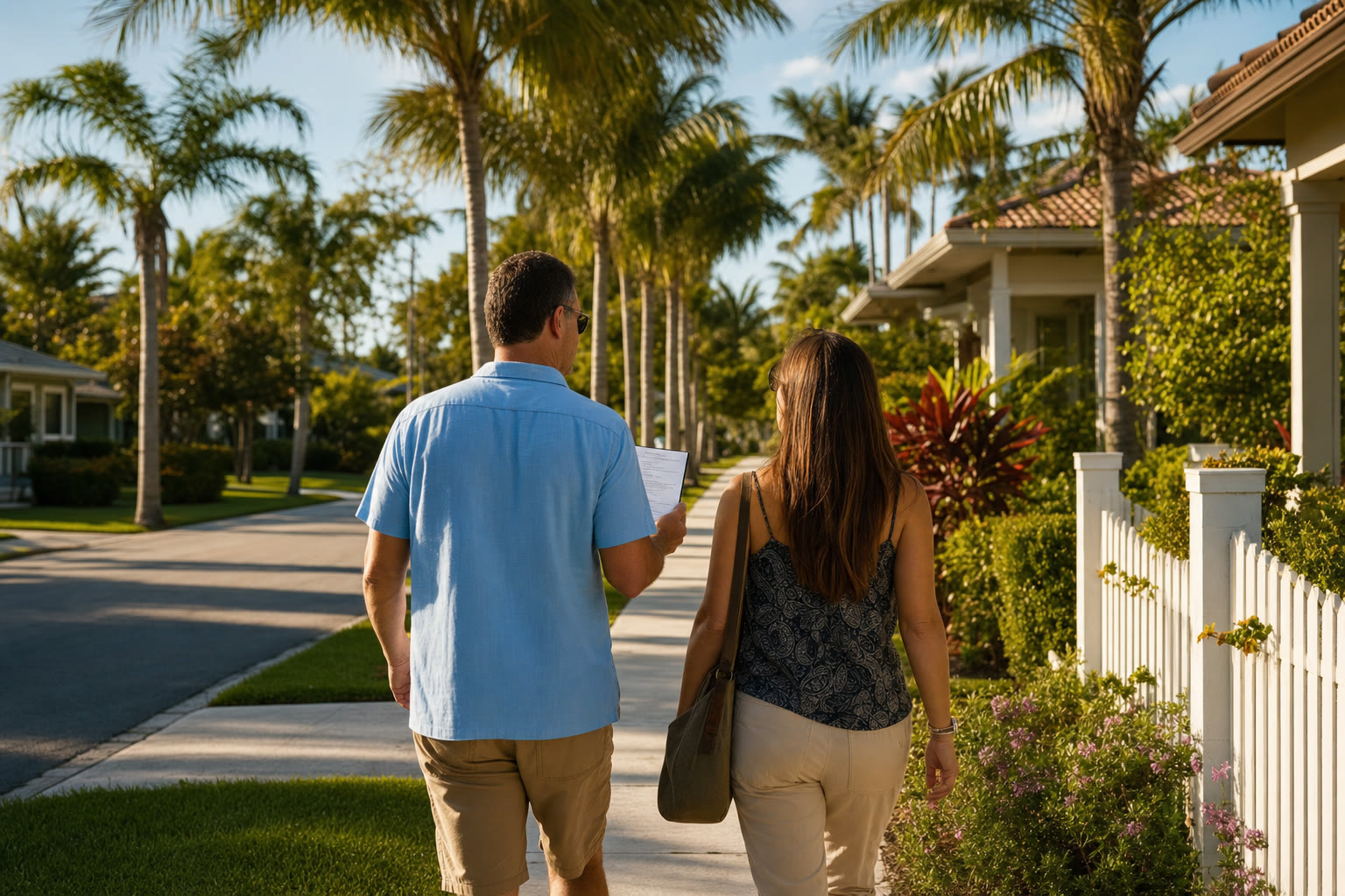 Couple walking through a palm-lined South Florida neighborhood during a scouting trip