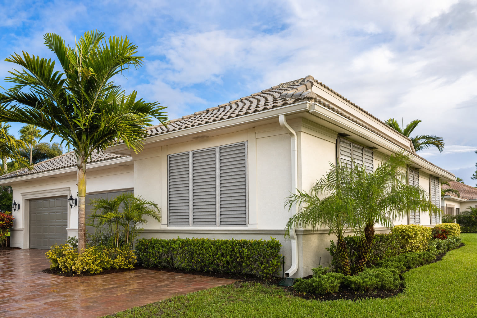 South Florida home with hurricane shutters, palms, and a clear sky after rain