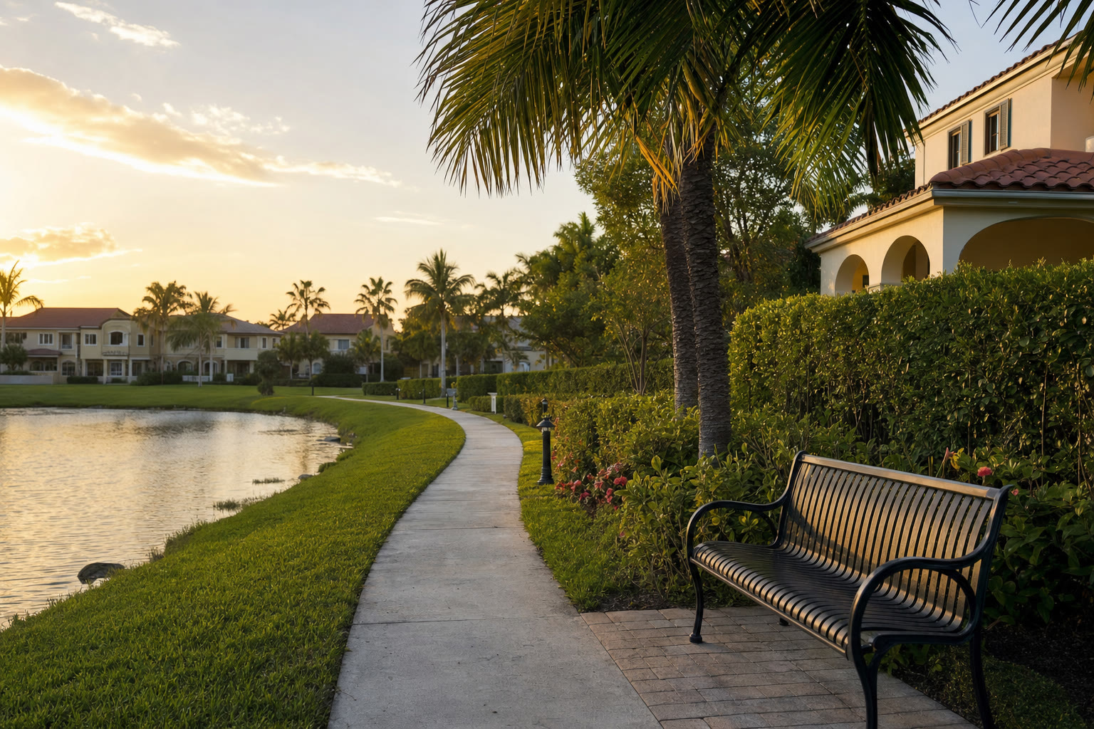 Palm-lined walkway and lake in a South Florida residential community at sunset