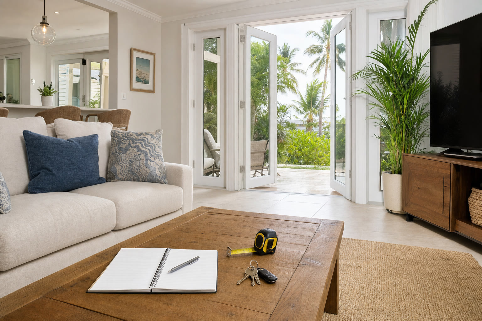 Bright South Florida living room with a notebook, keys, and measuring tape on a coffee table