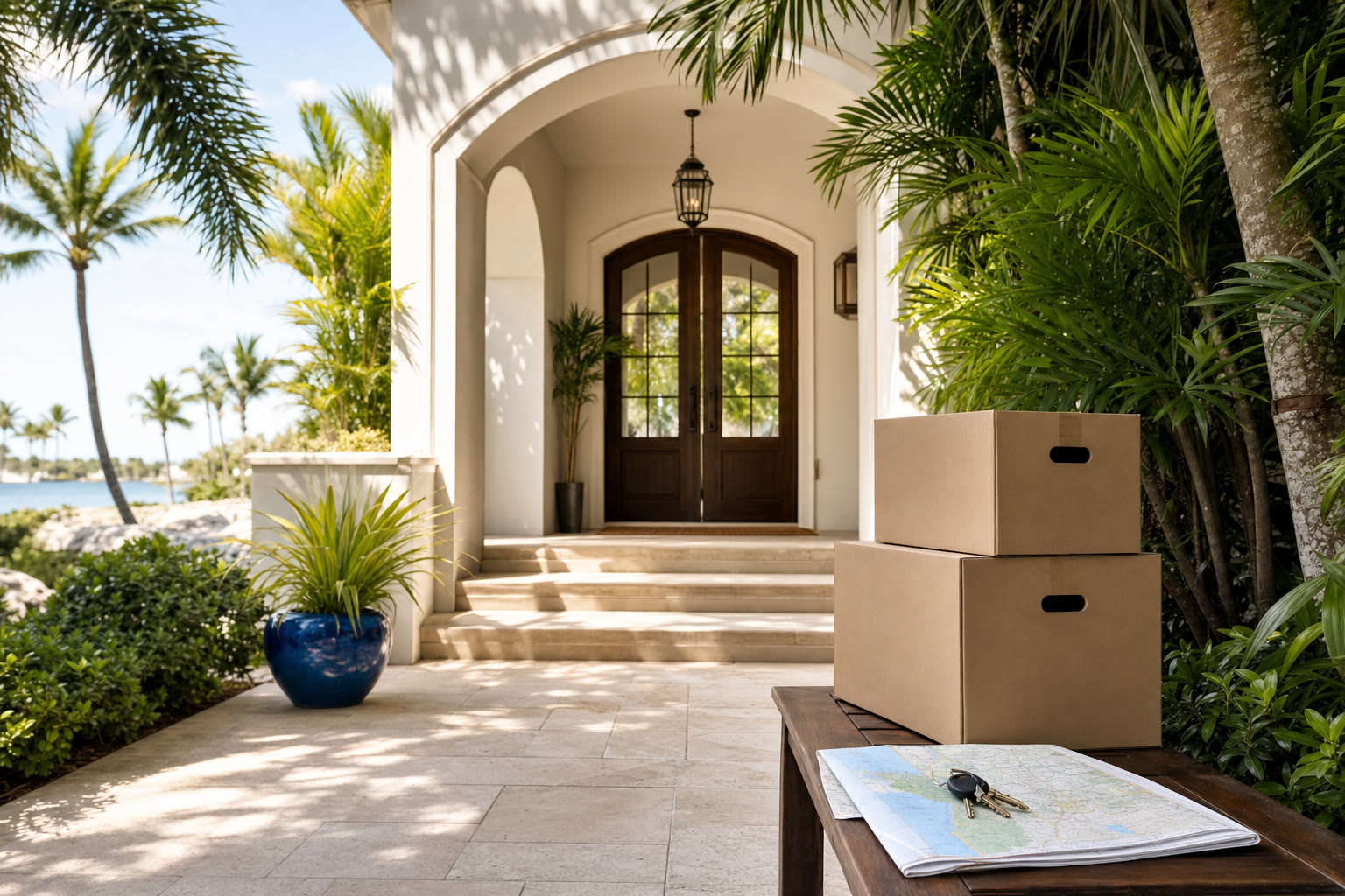 Sunlit South Florida home entry with moving boxes, house keys, and palms