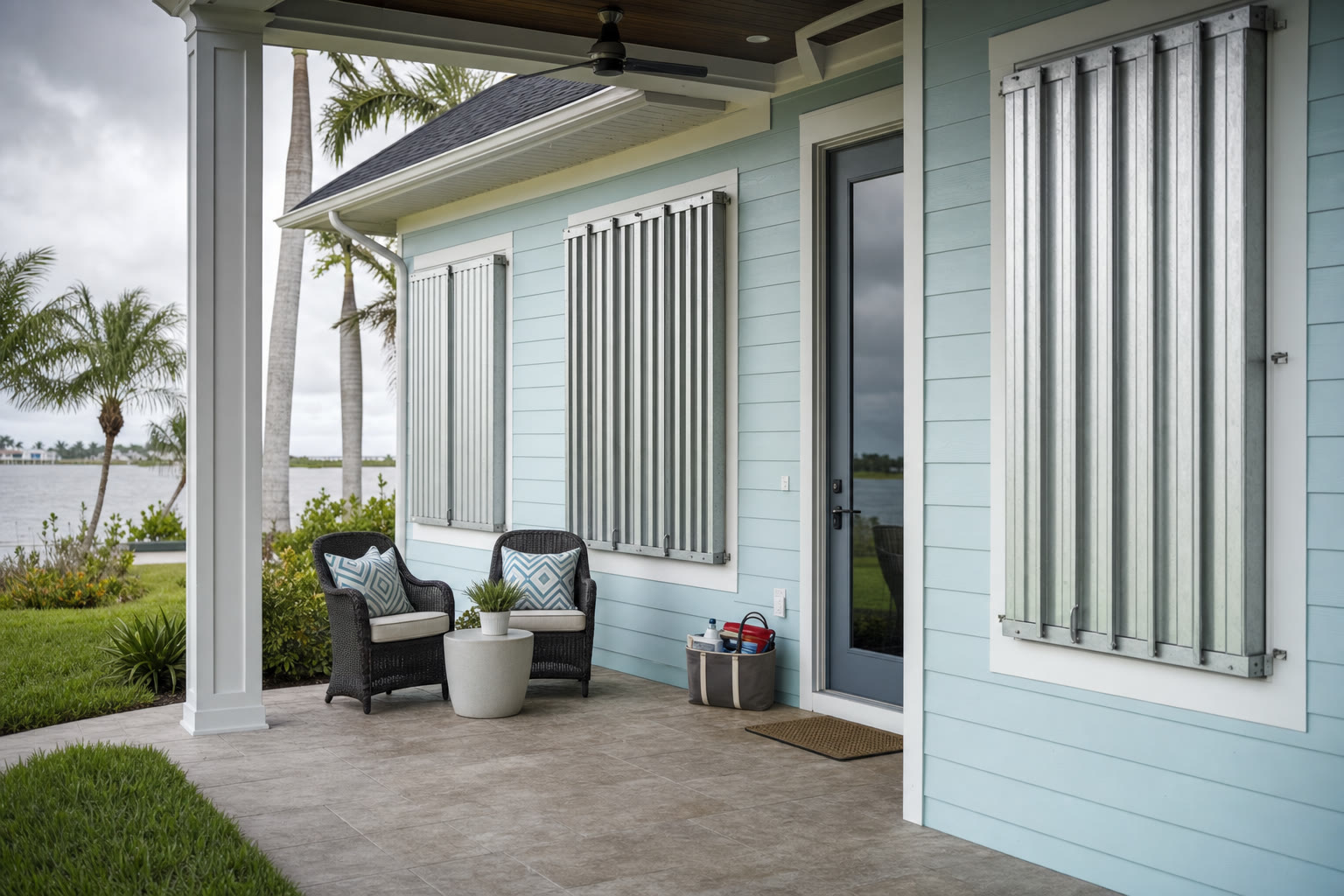 Florida home patio with installed storm shutters before a summer rain