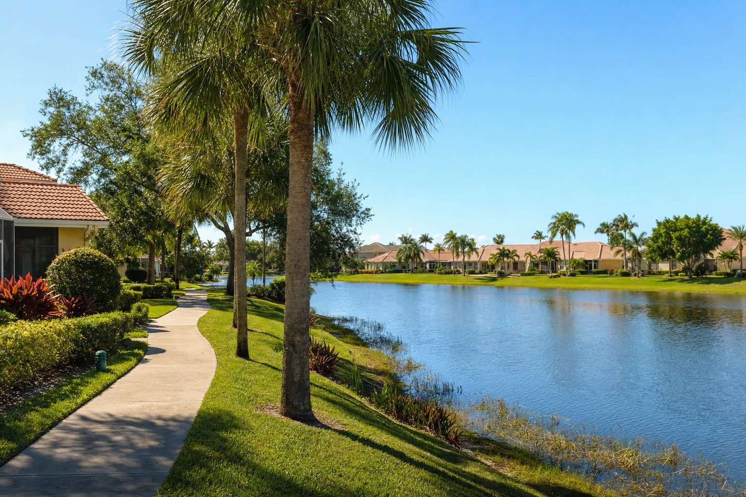 Palm-lined path and lake in a South Florida residential community
