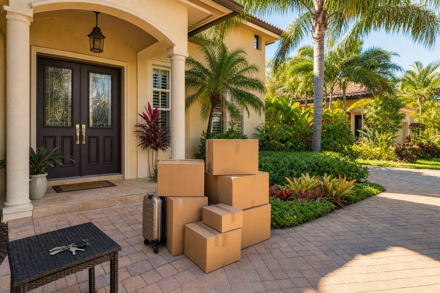 South Florida home entry with moving boxes, keys, and palm trees