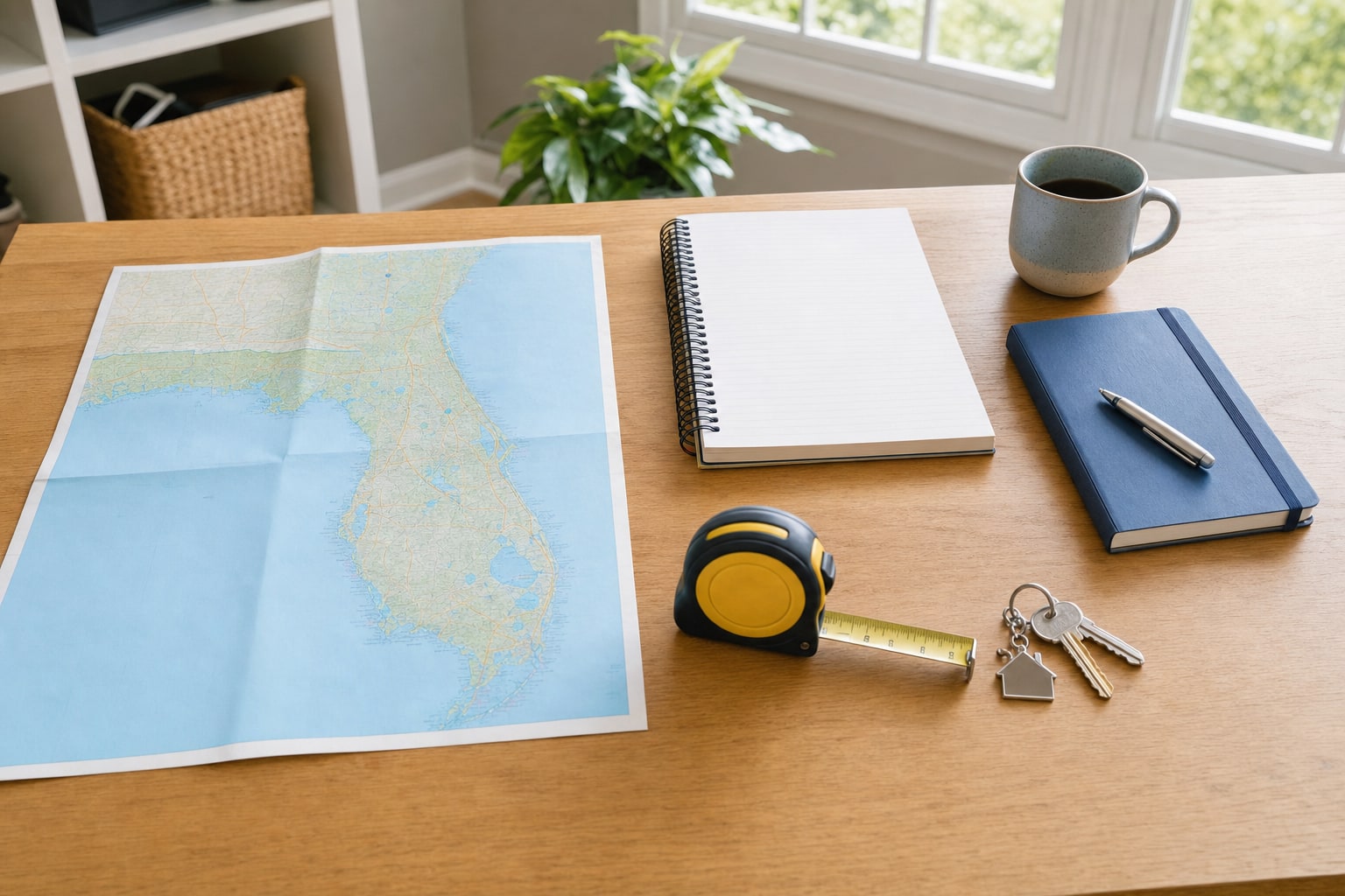 Florida map, notebook, measuring tape, and house keys on a planning table