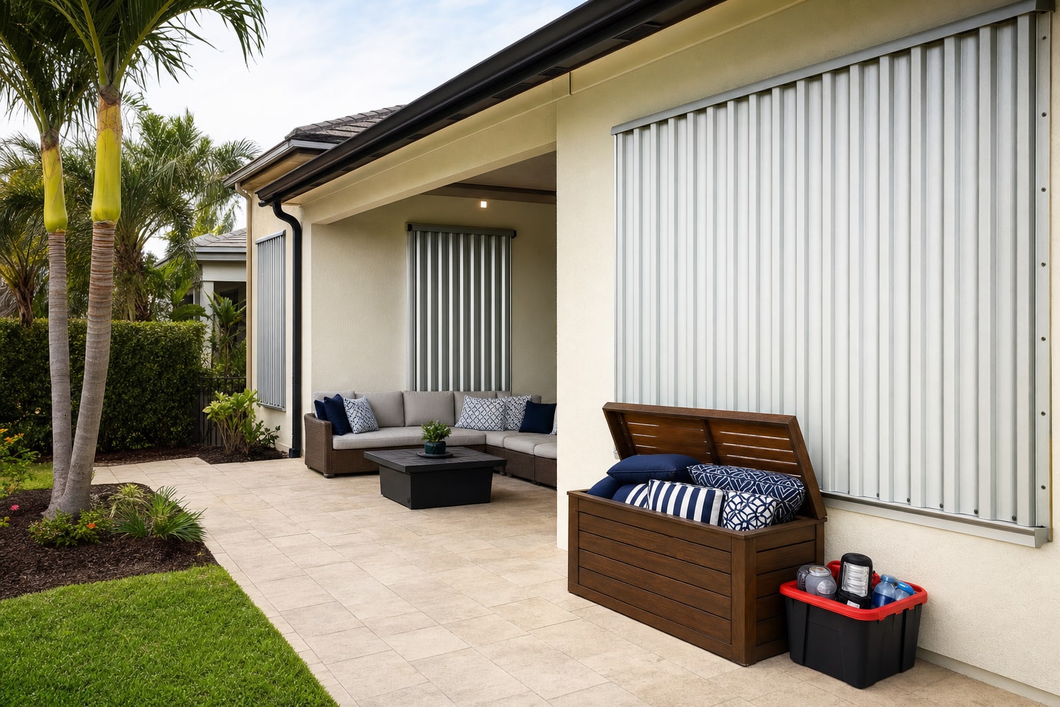 South Florida patio with closed storm shutters and outdoor supplies stored away