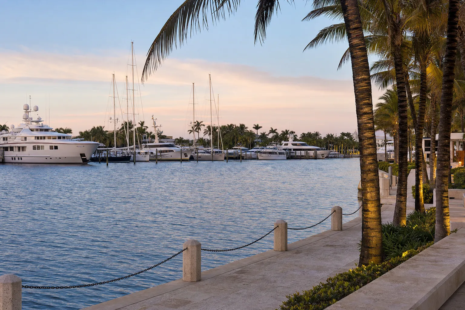 Palm-lined marina in South Florida at dusk