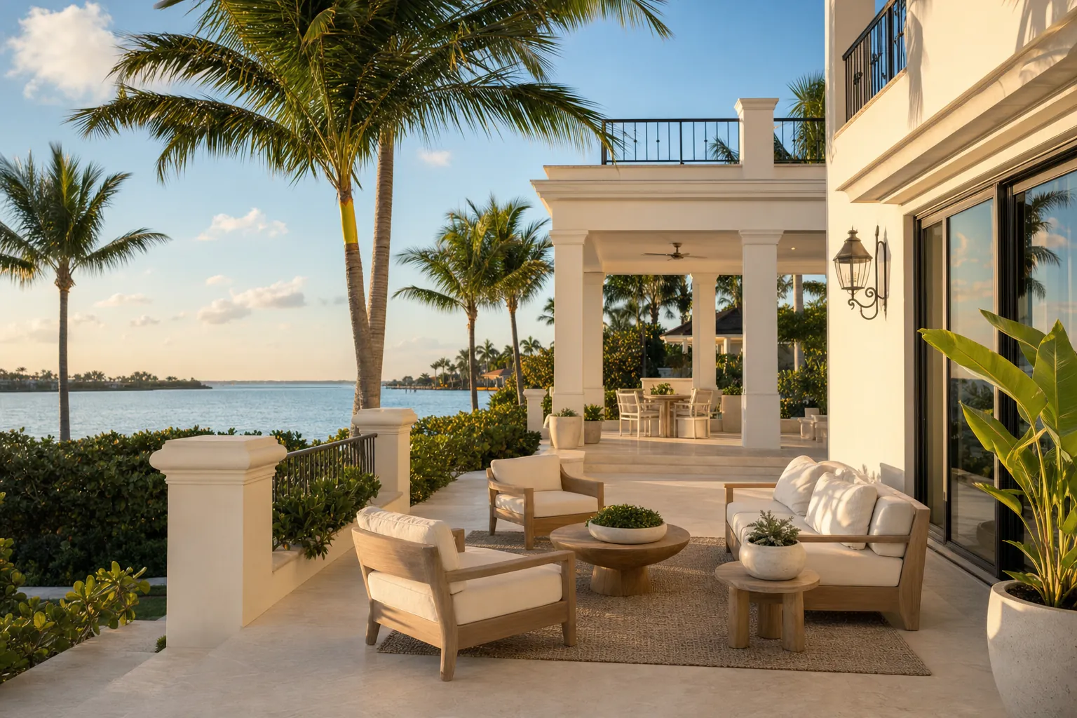 Waterfront terrace framed by palms at a South Florida residence