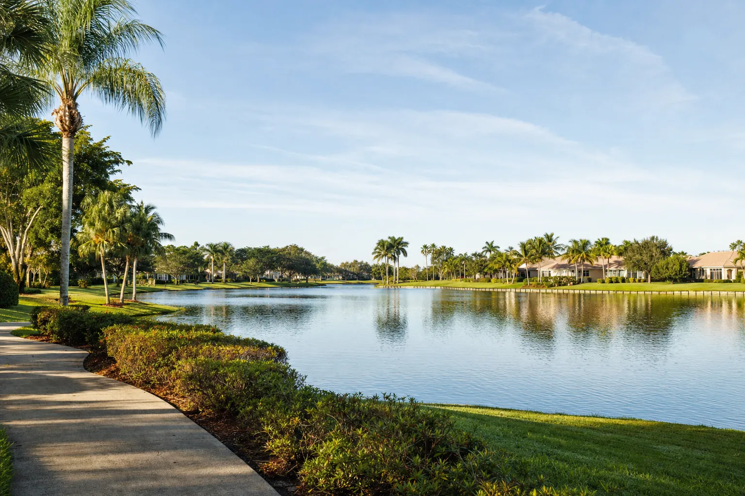 Palm-lined lake and green space in a Palm Beach County community
