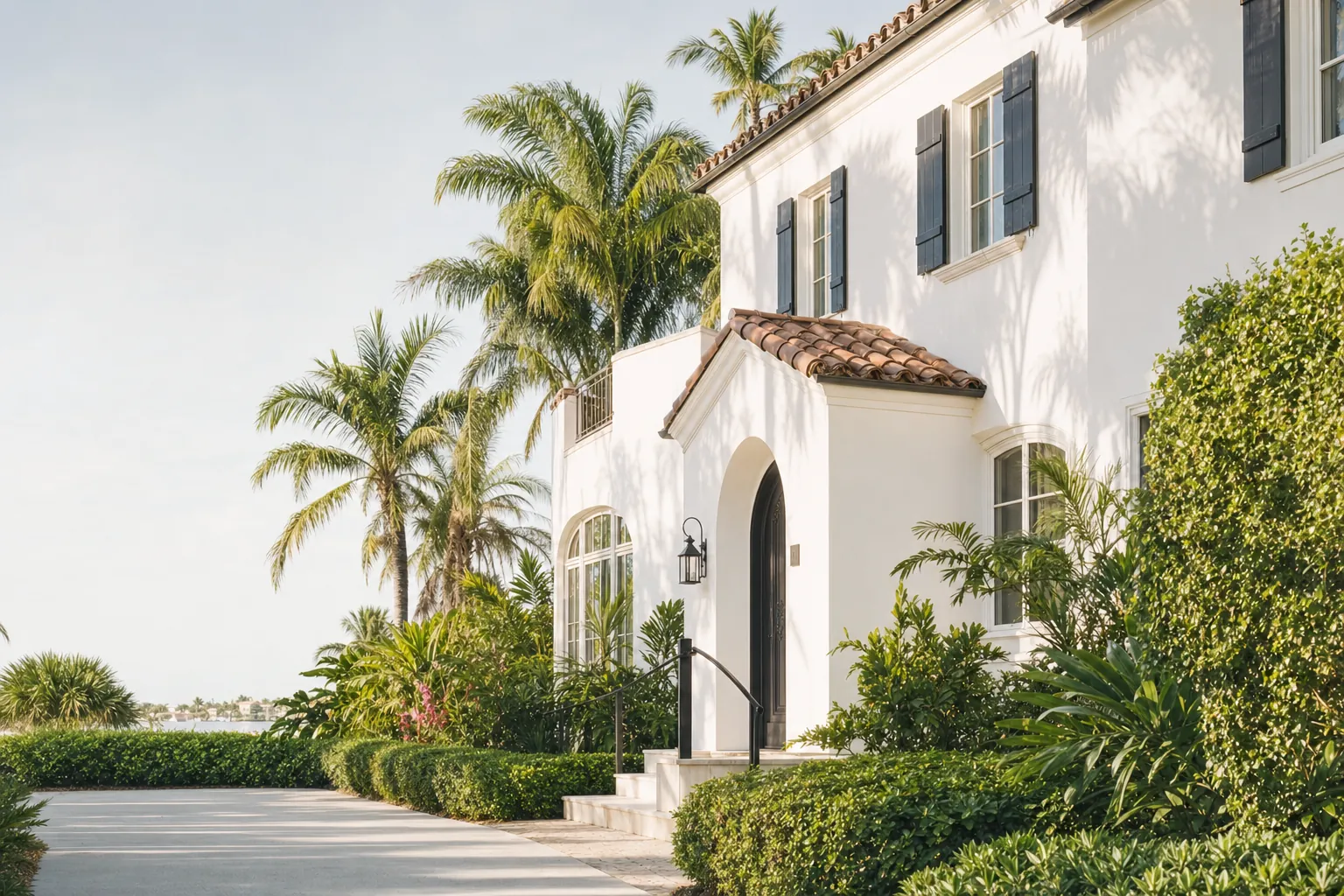 Palm Beach County residence with white stucco, black shutters, and tropical landscaping