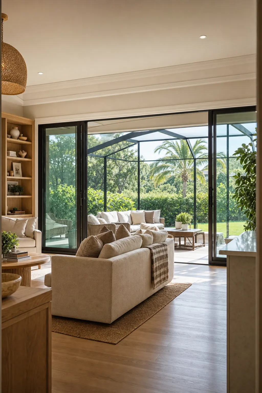 Bright South Florida living room opening to a green garden
