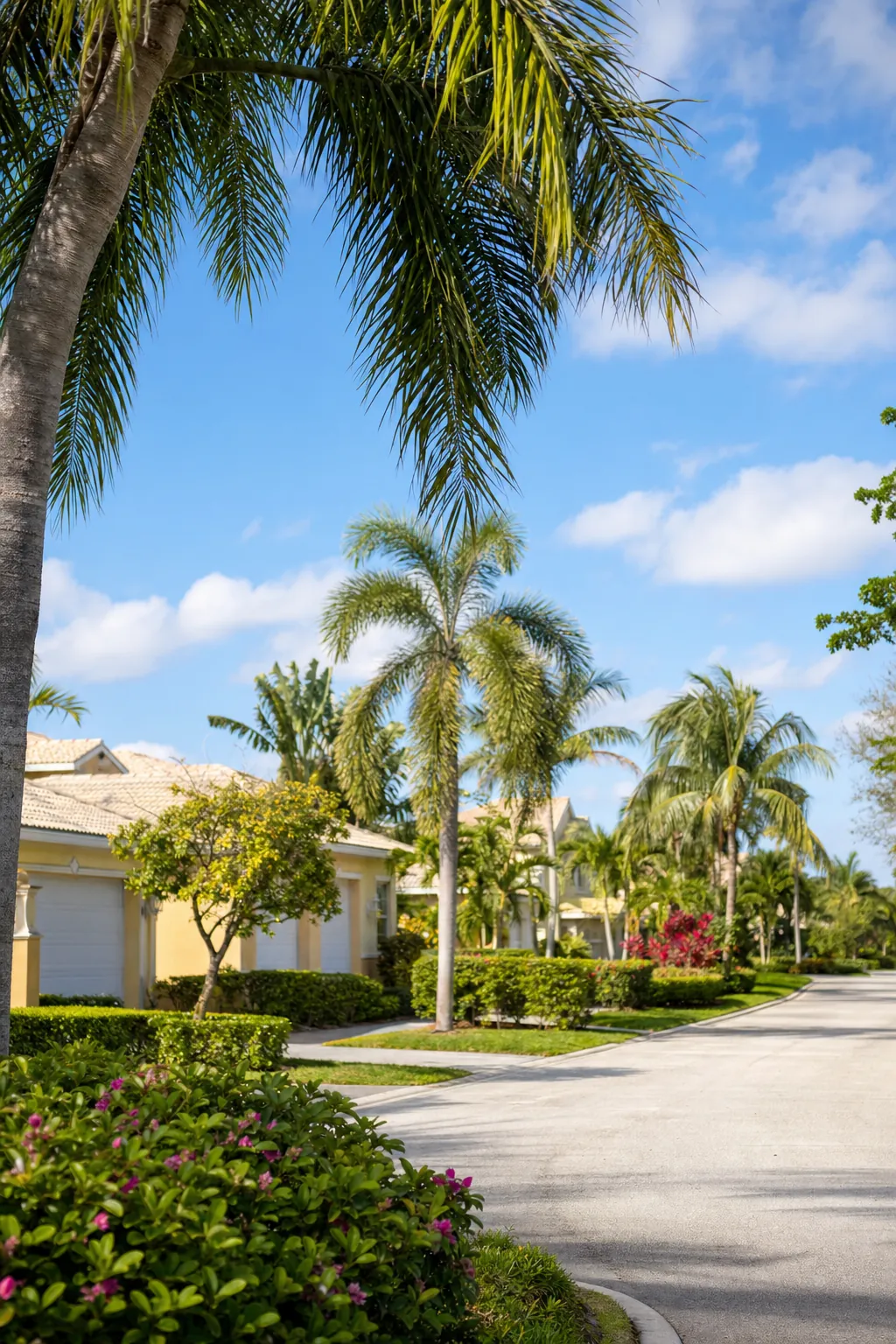 Palm-framed South Florida neighborhood street