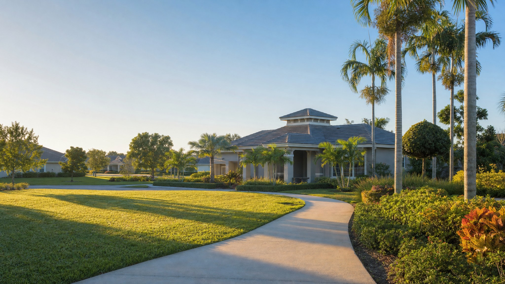 Illustrative palm-lined active-adult community clubhouse in South Florida