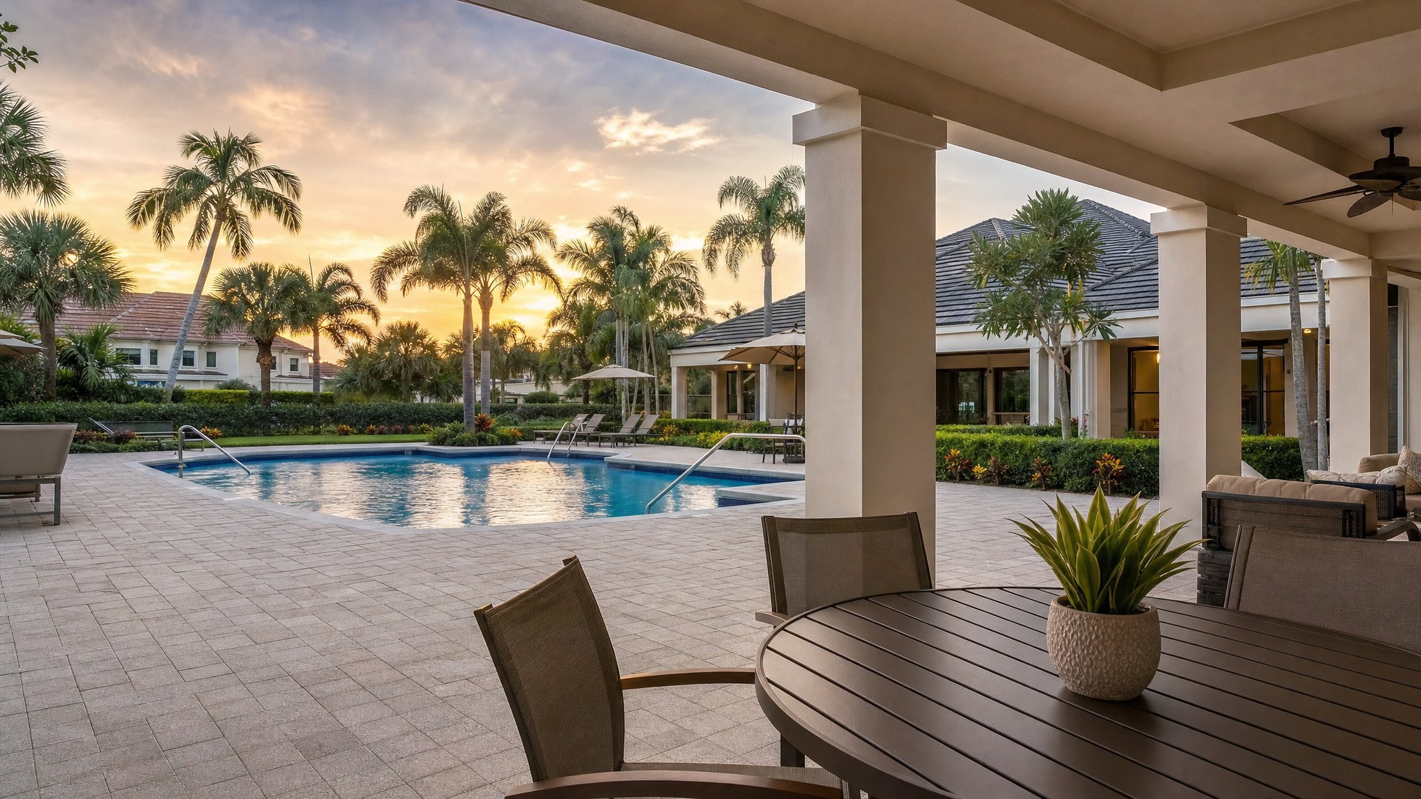 Illustrative pool and shaded seating area in a South Florida residential community