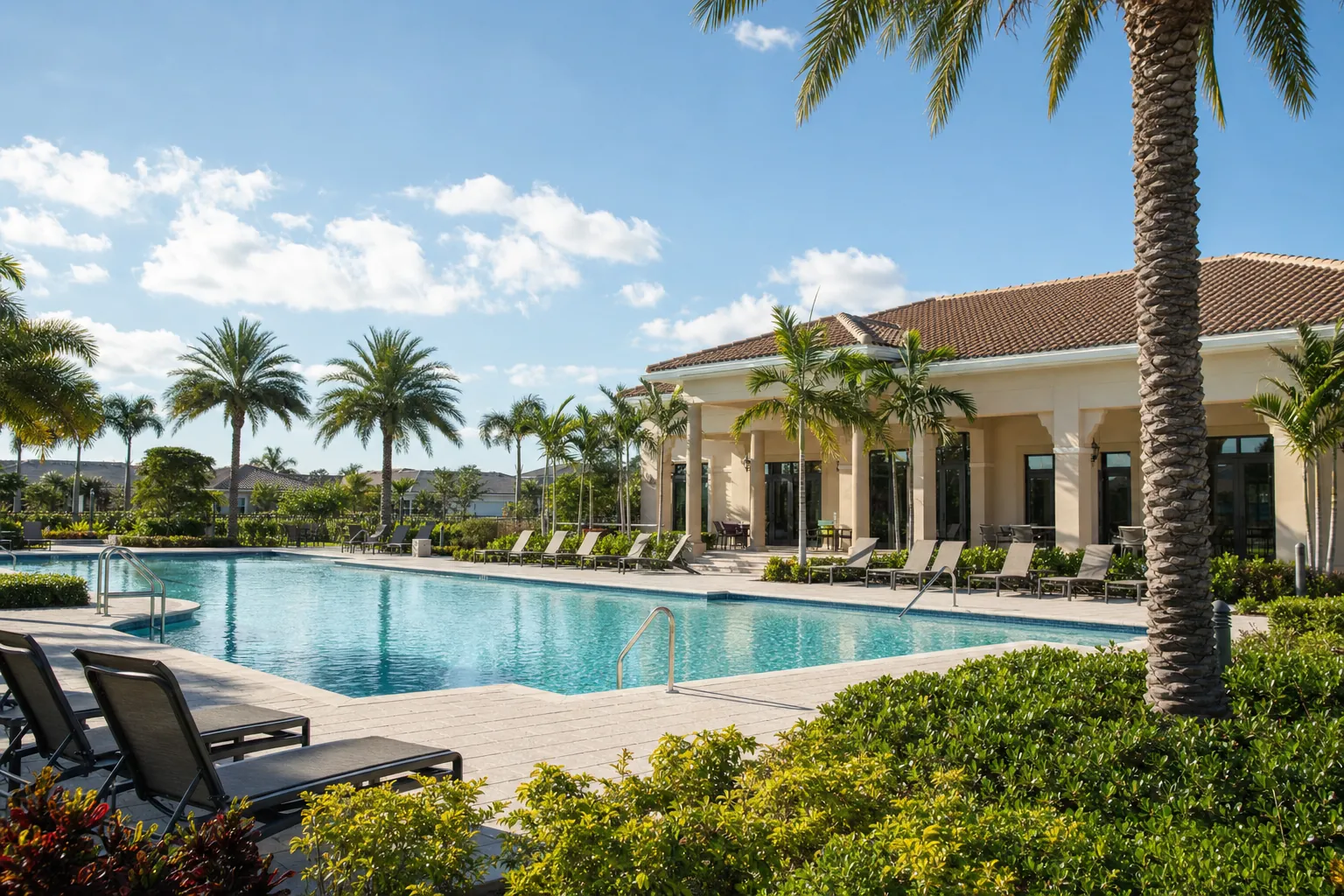 Community pool and clubhouse framed by palms in a South Florida active-adult community