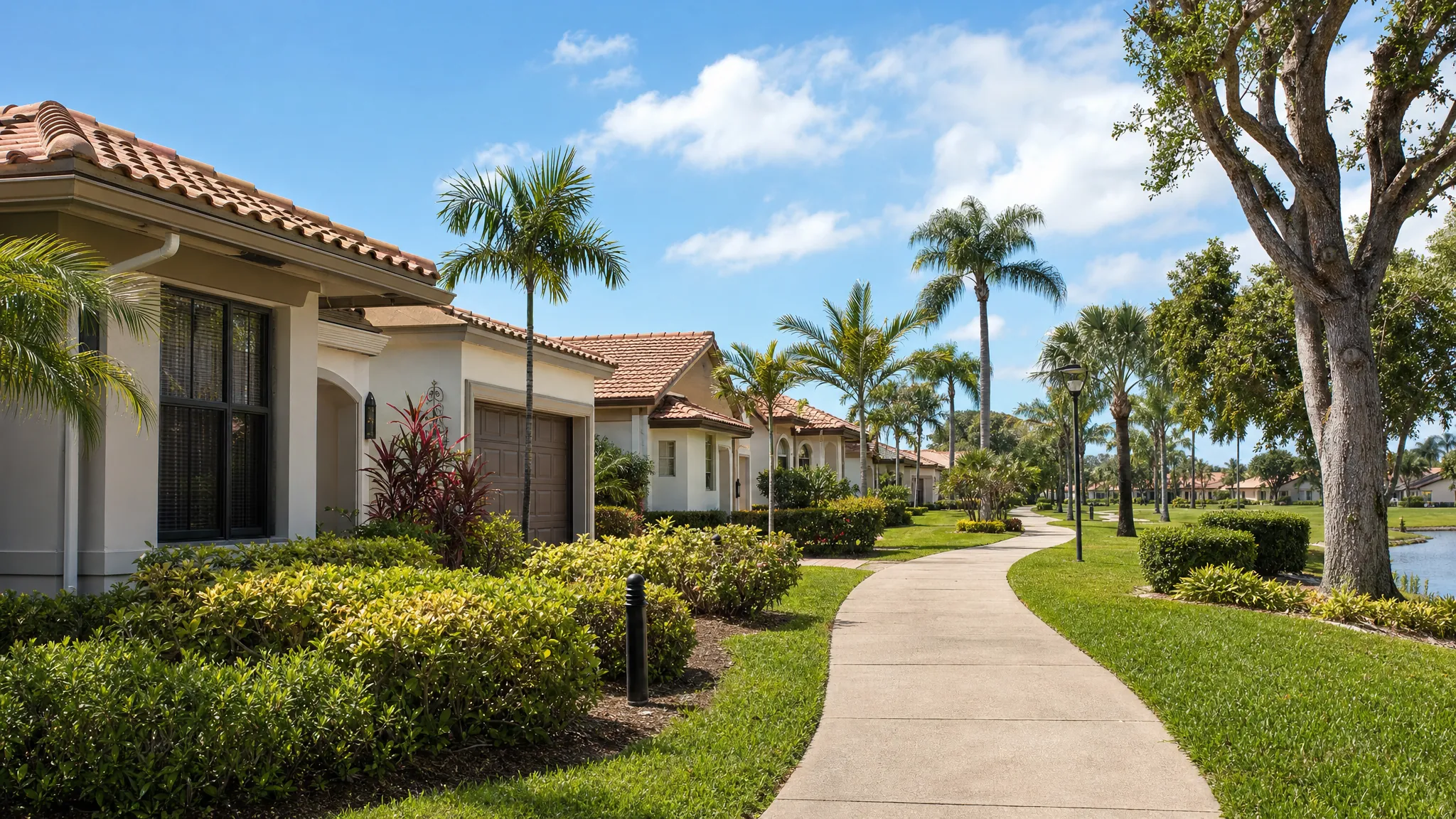 Palm-lined homes and walking path in a South Florida active-adult community