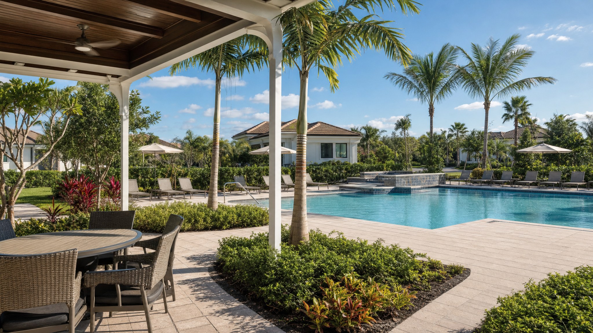 Outdoor pool and shaded patio in a South Florida residential community