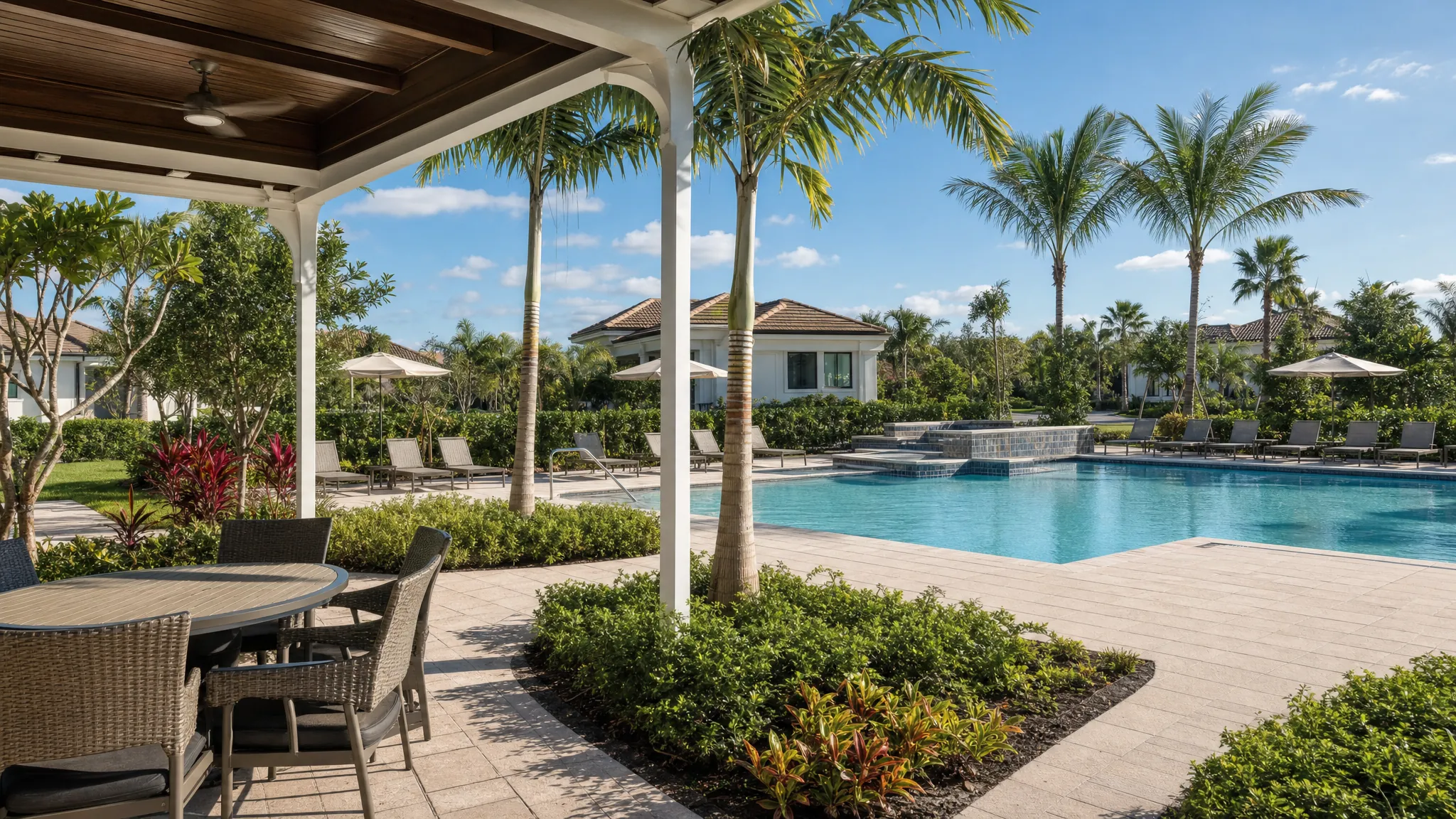 Outdoor pool and shaded patio in a South Florida residential community