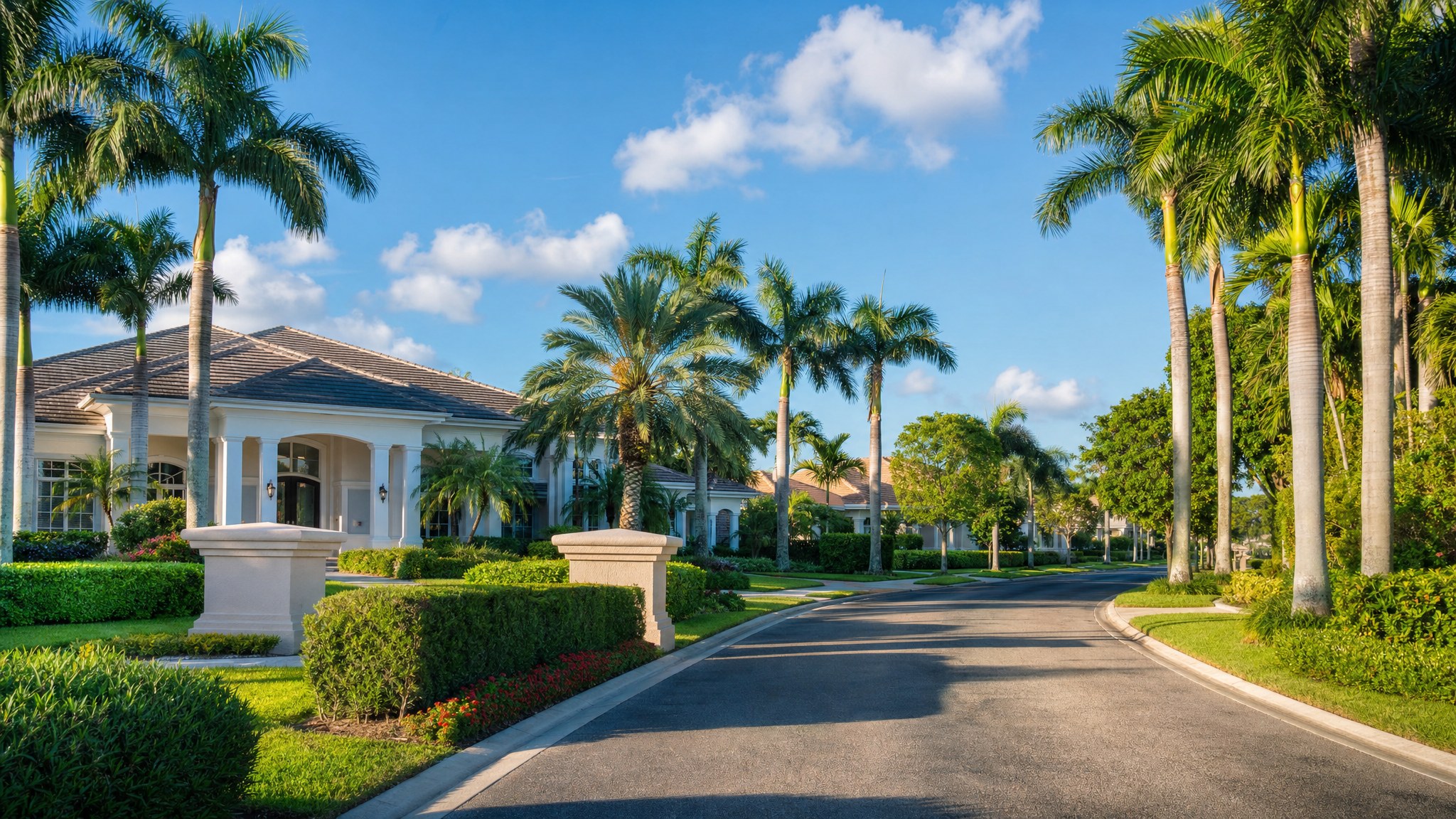 Palm-lined residential street in a South Florida community