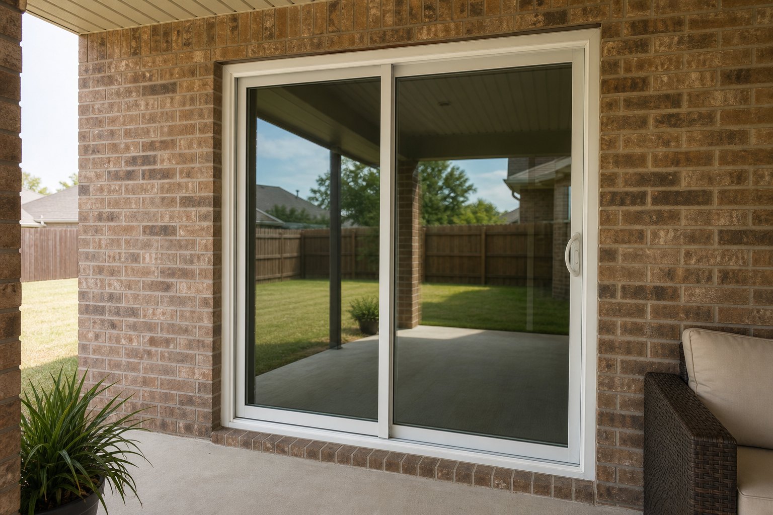 Properly aligned sliding glass patio door in a brick home