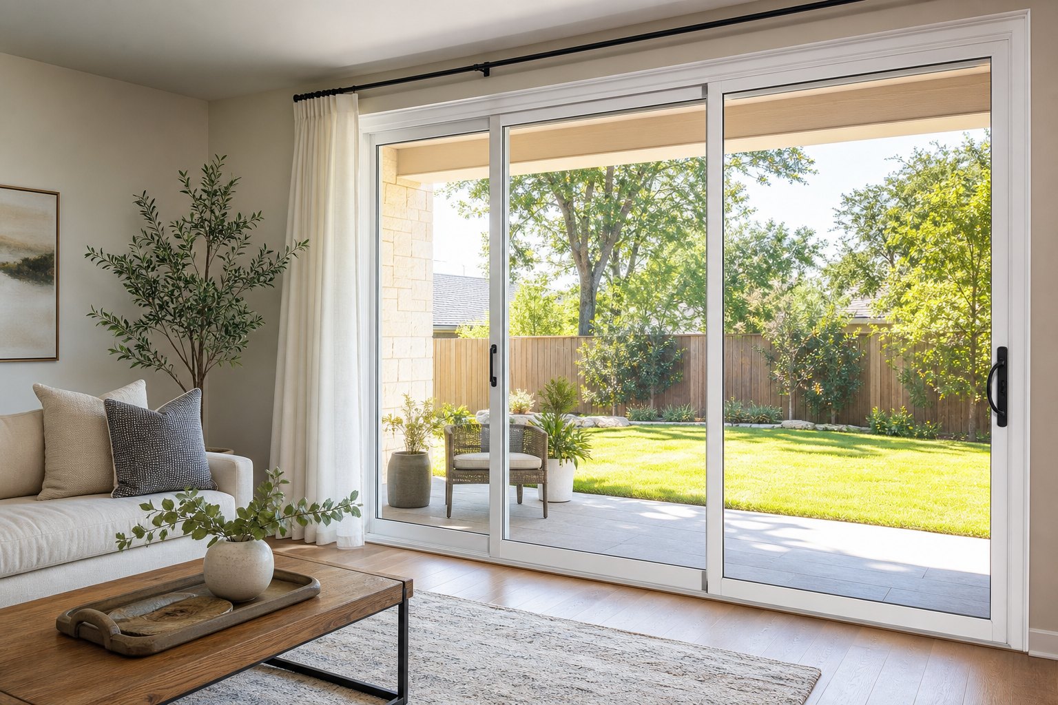 White sliding patio door opening to a sunny backyard