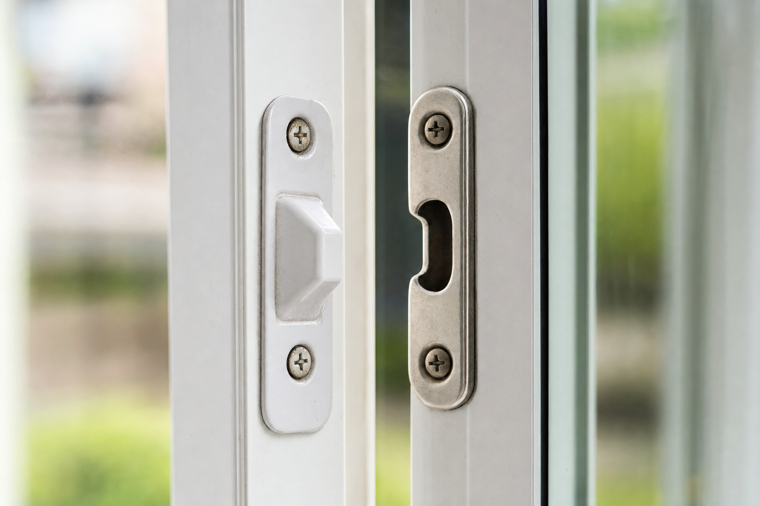 Close view of a sliding patio door latch and keeper plate