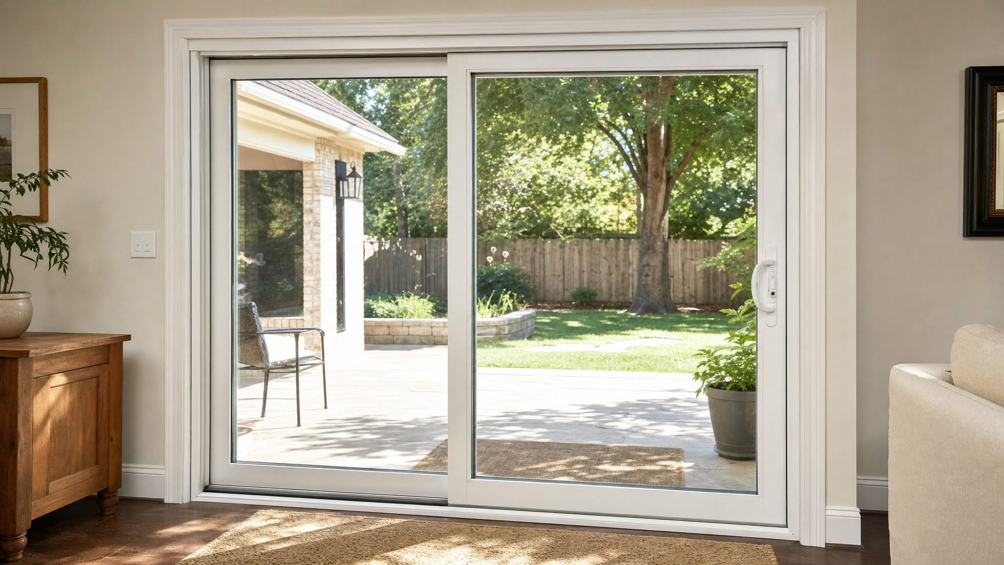 White sliding glass patio door with the lock-side handle visible