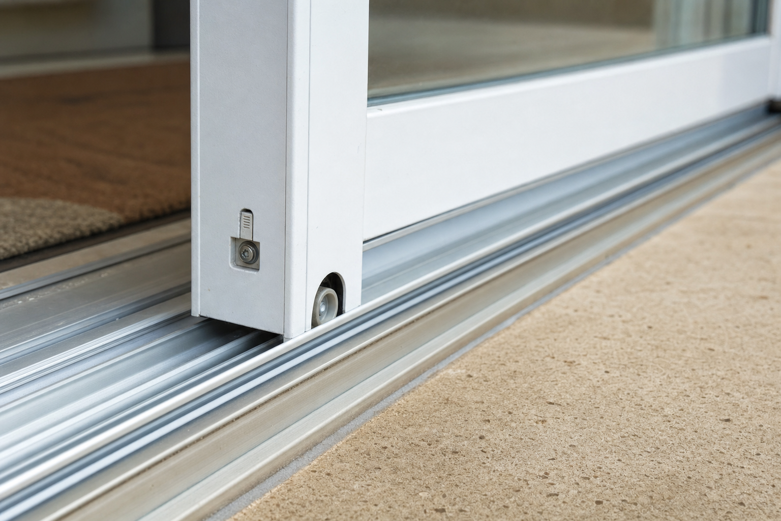 Lower sliding patio door roller adjustment point and track