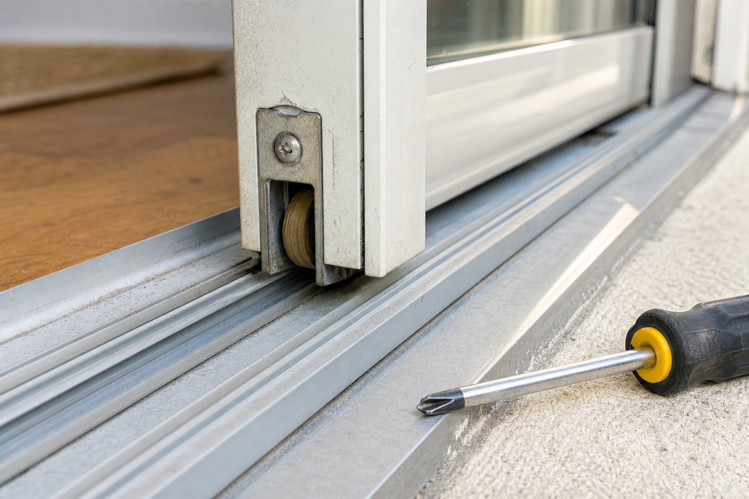 Close view of a sliding patio door roller and lower track