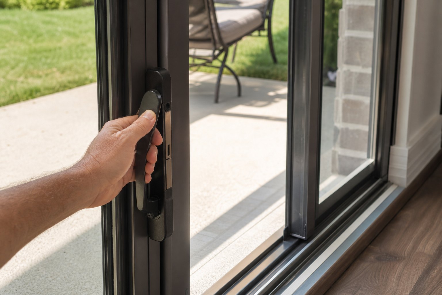 Hand opening a sliding glass patio door