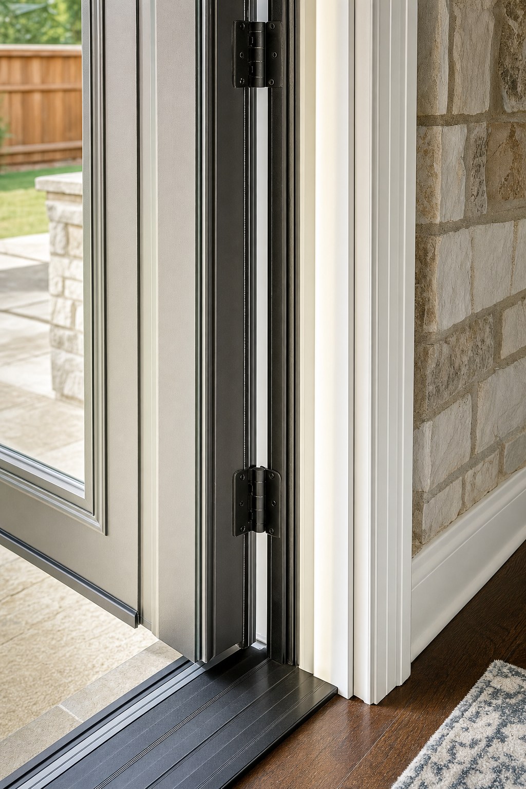 Hinged patio door frame, hinge, weather sealing, and threshold detail