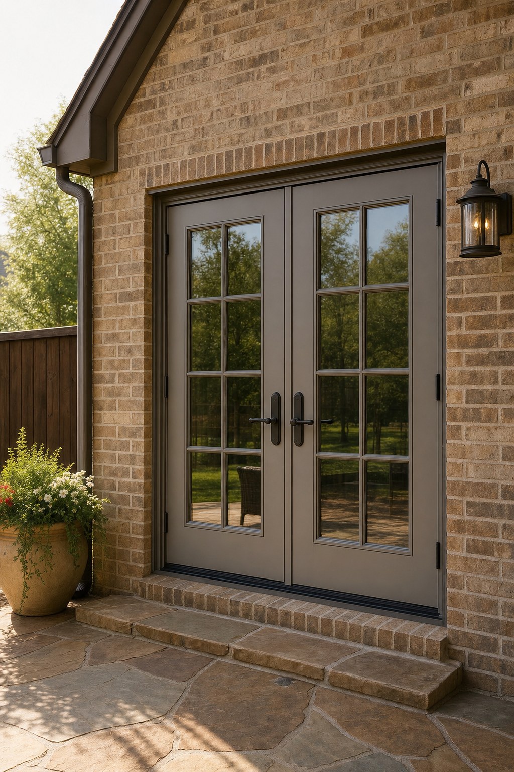 Hinged fiberglass patio doors at a brick home