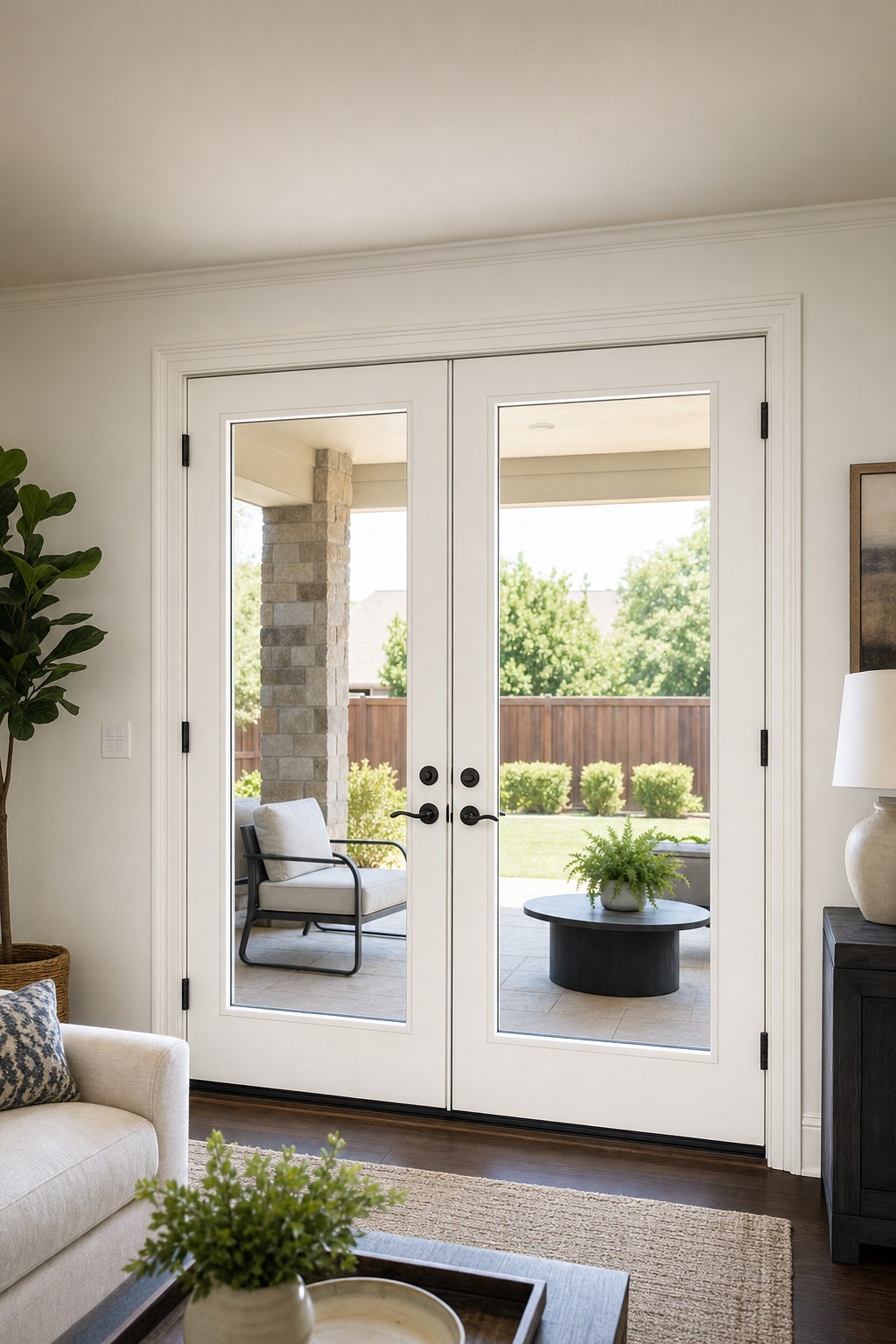 White hinged fiberglass patio doors from inside a home