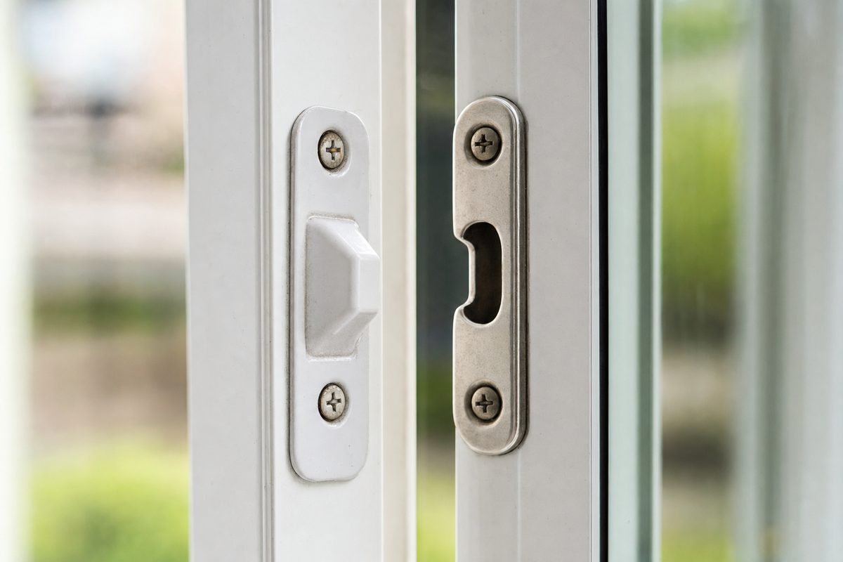 Close view of a sliding patio door latch and keeper plate
