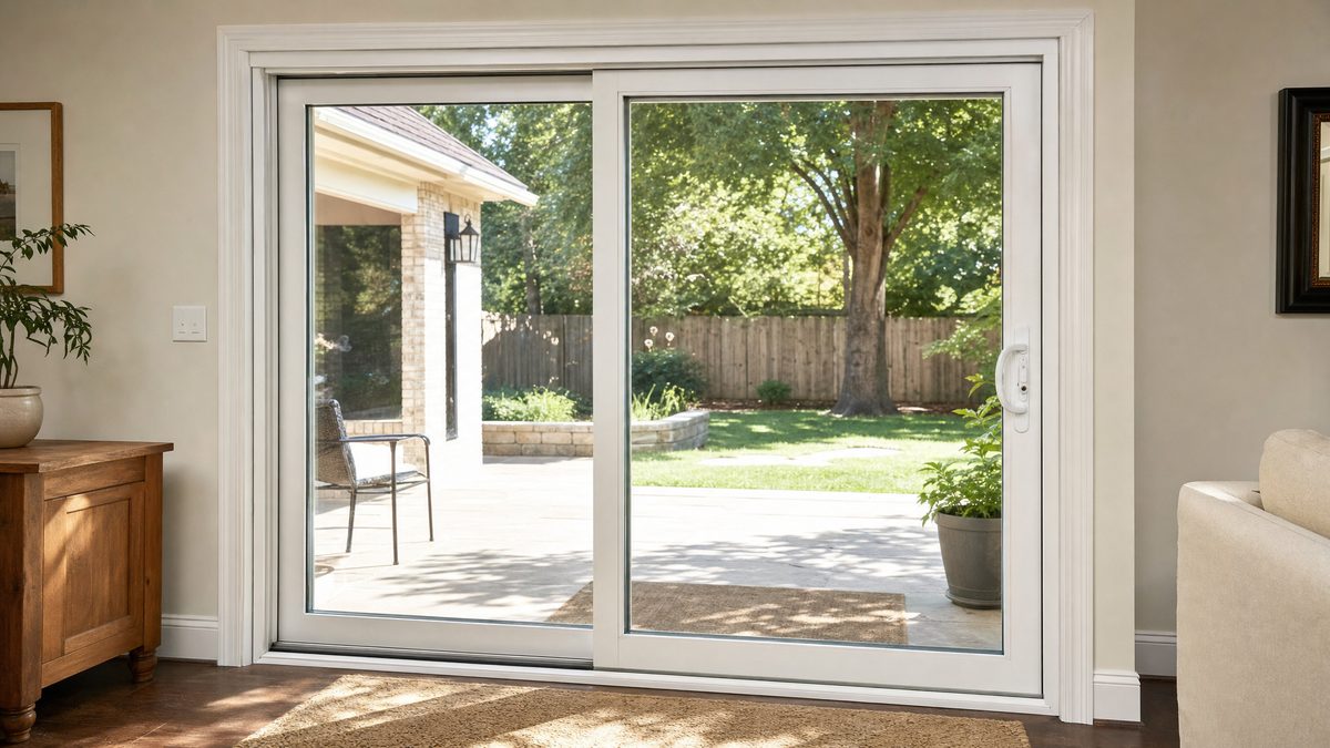 White sliding glass patio door with the lock-side handle visible