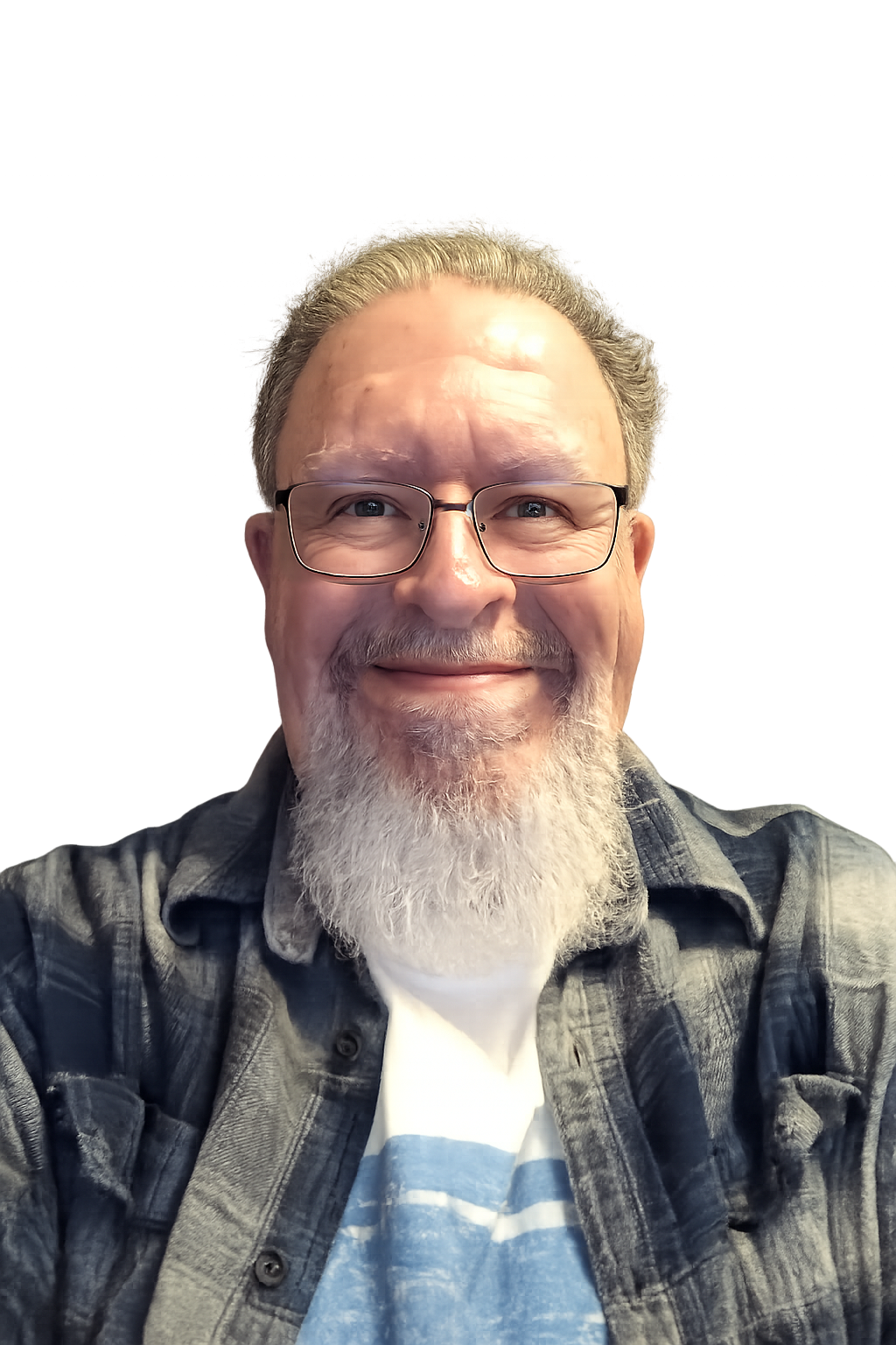 Danny Bonin smiling, wearing glasses and a plaid shirt