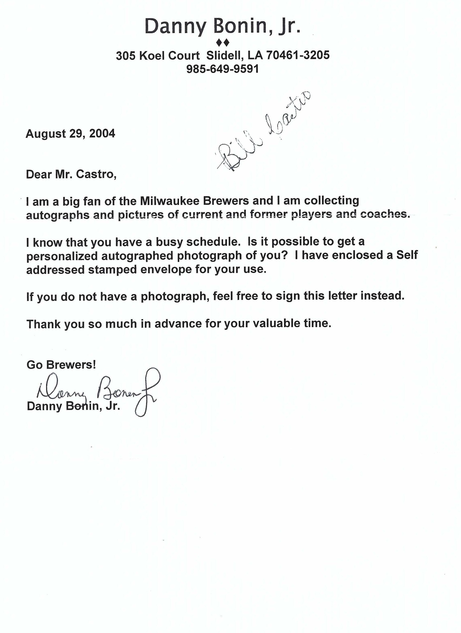 Signed item for Autograph #111 – Bill Castro – Milwaukee Brewers – MLB