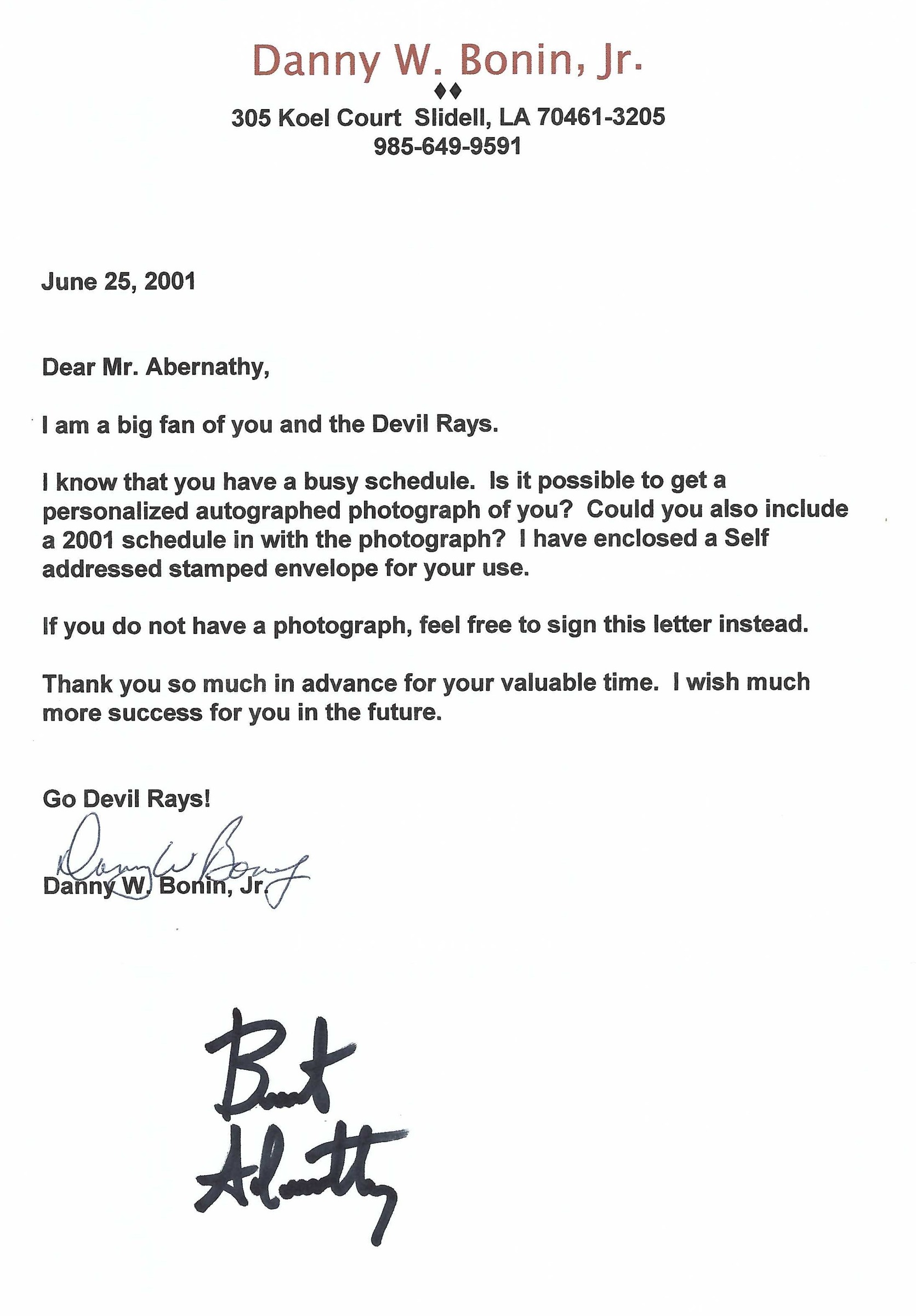Signed item for Autograph #112 – Brent Abernathy – Tampa Bay Devil Rays – MLB