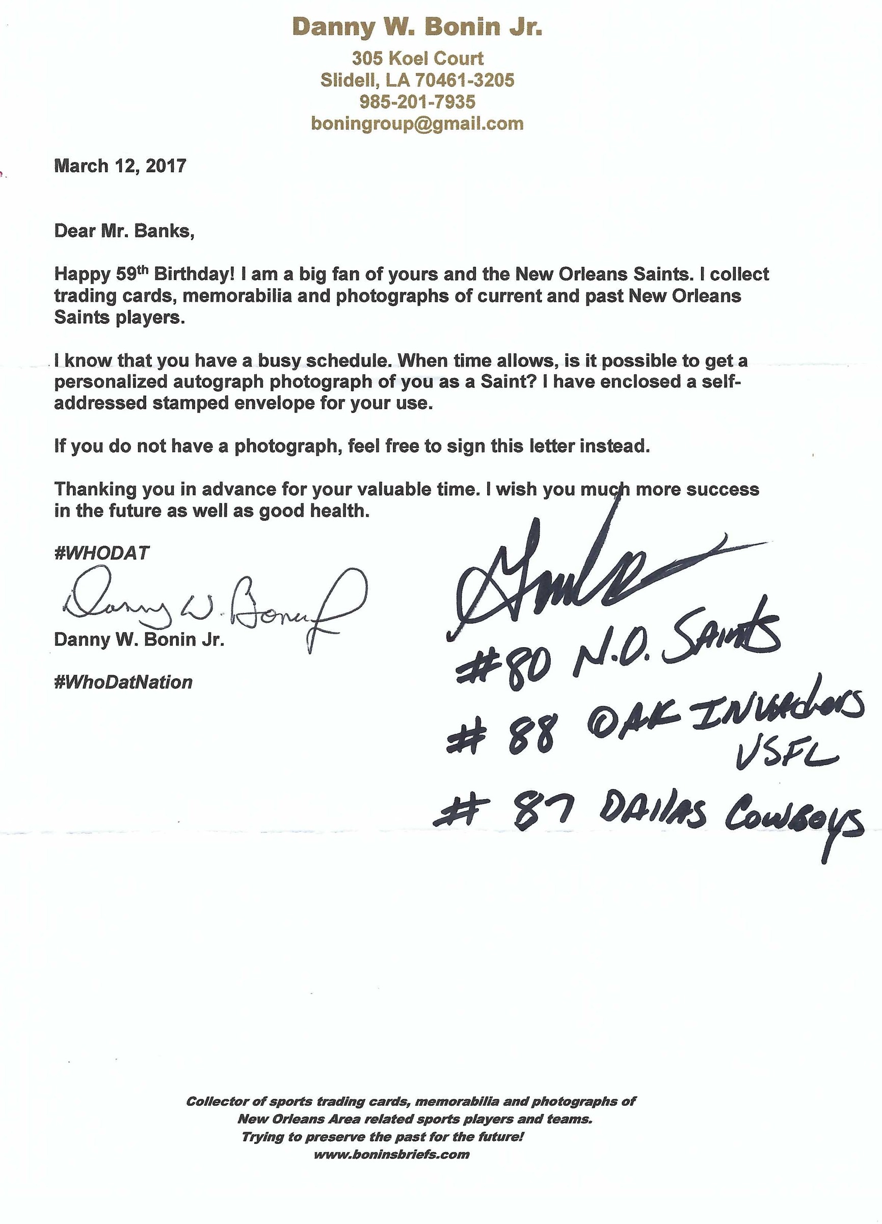 Signed item for Autograph #113 – Gordon Banks – New Orleans Saints – NFL