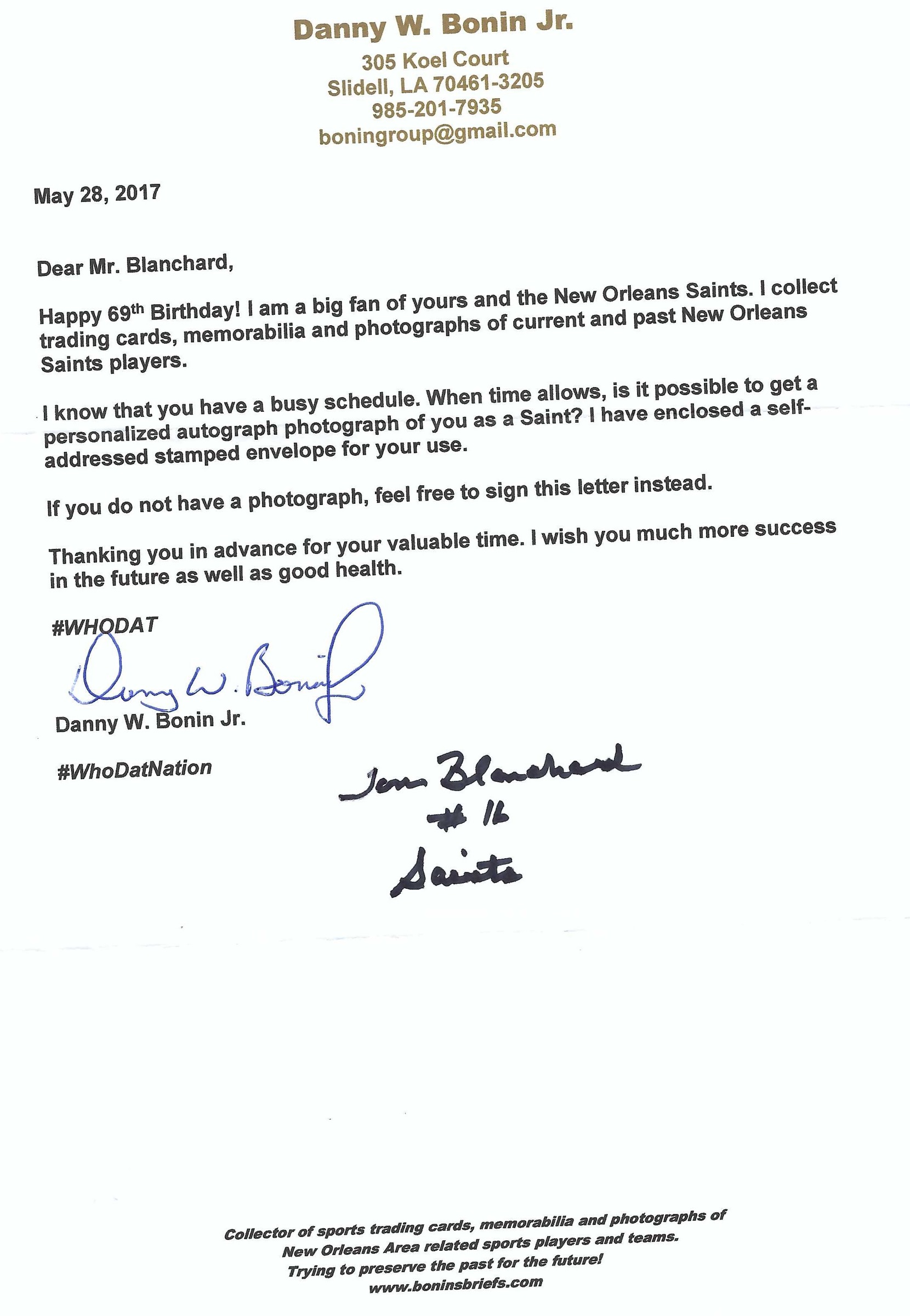 Signed item for Autograph #149- Tom Blanchard – New Orleans Saints – NFL