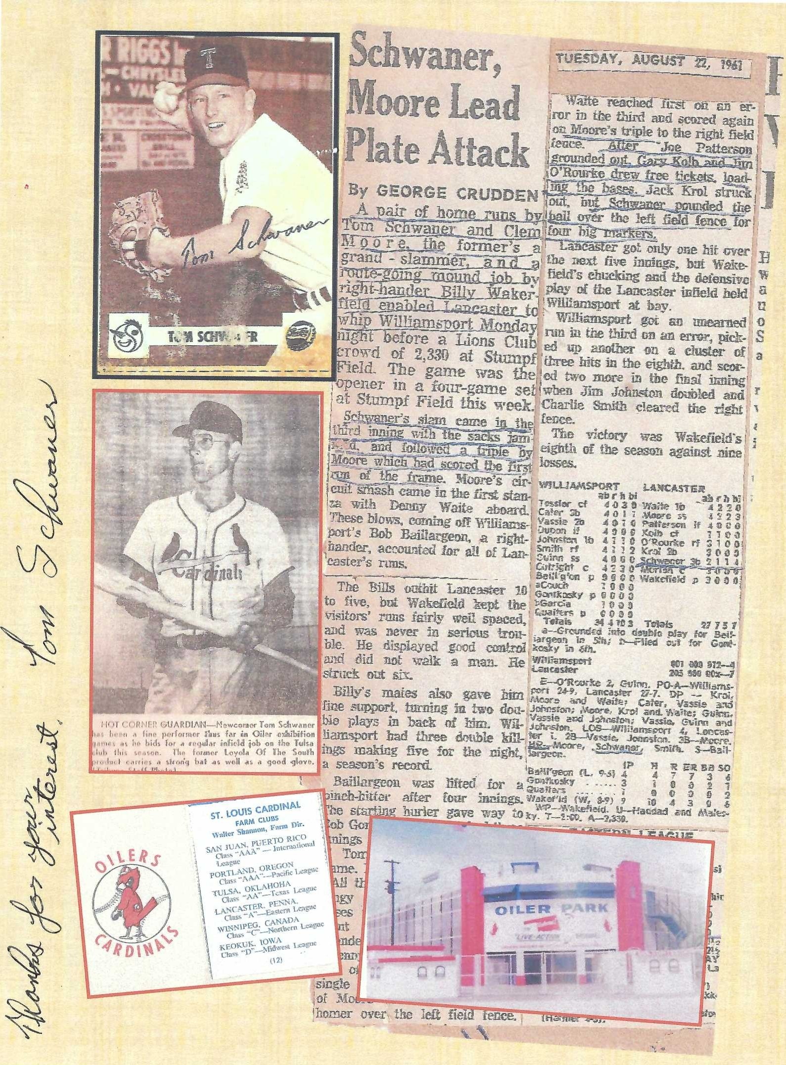 Signed item for Autograph #257 – Tom Schwaner – Lancaster Red Roses – MiLB