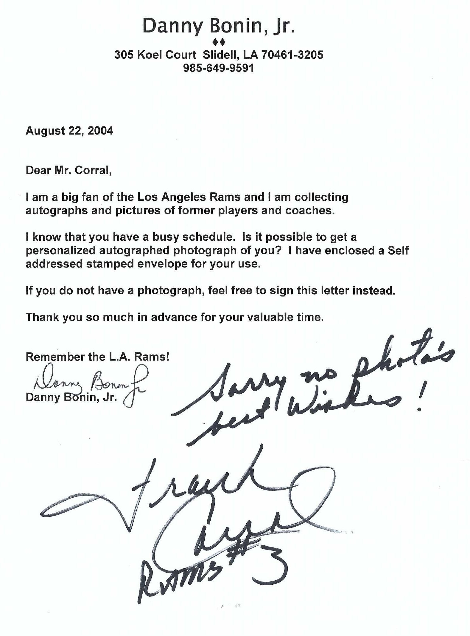 Signed item for Autograph #306 – Frank Corral – Los Angeles Rams – NFL