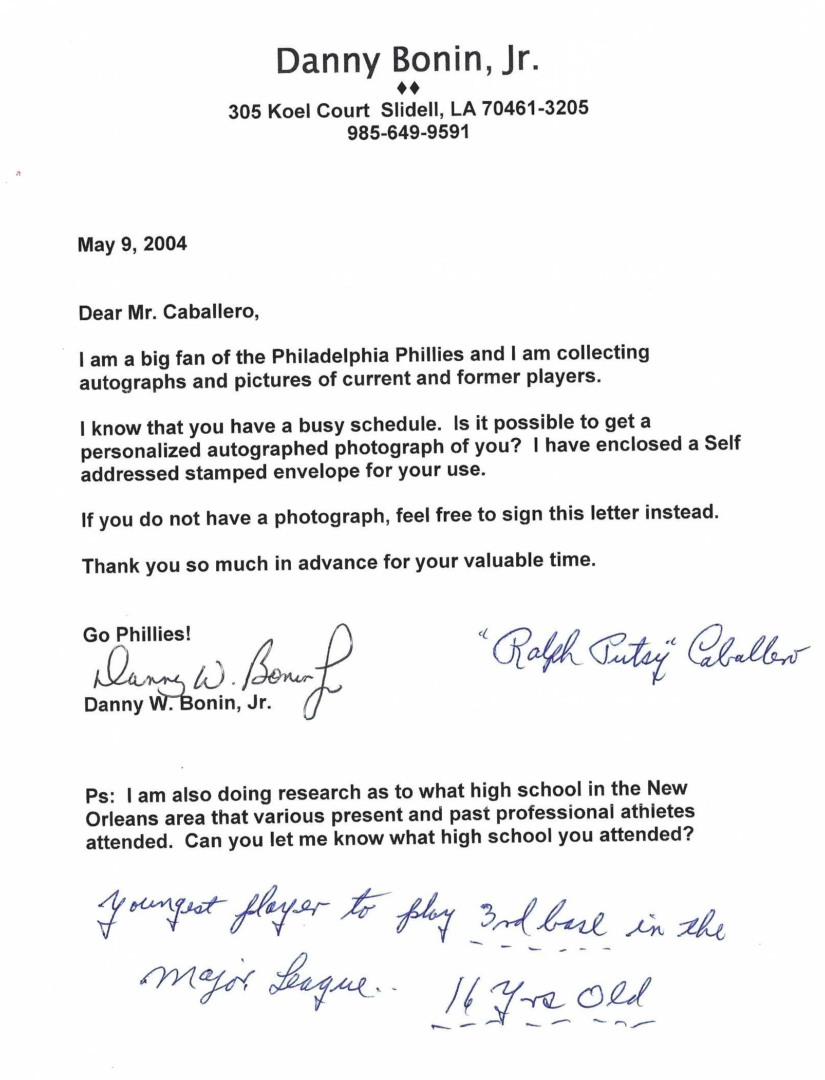 Signed item for Autograph #313 – Ralph “Putsy” Caballero – Philadelphia Phillies – MLB #1
