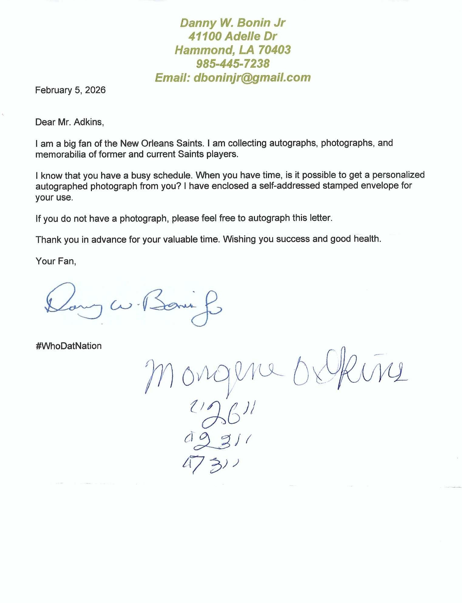 Signed item for Autograph #335 – Margene Adkins – New Orleans Saints – NFL