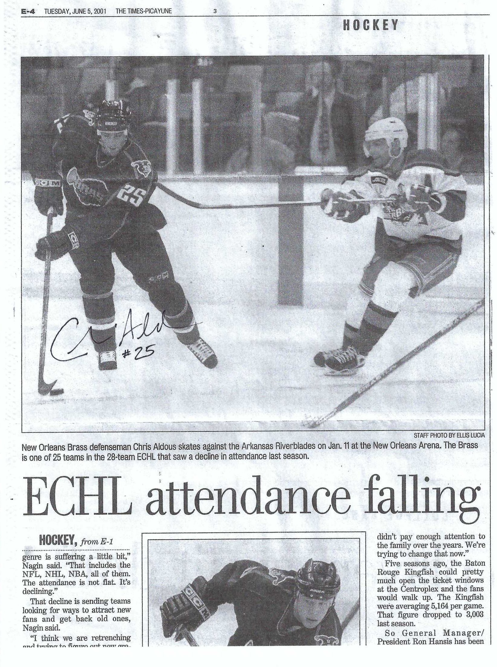 Signed item for Autograph #336 – Chris Aldous – New Orleans Brass – ECHL