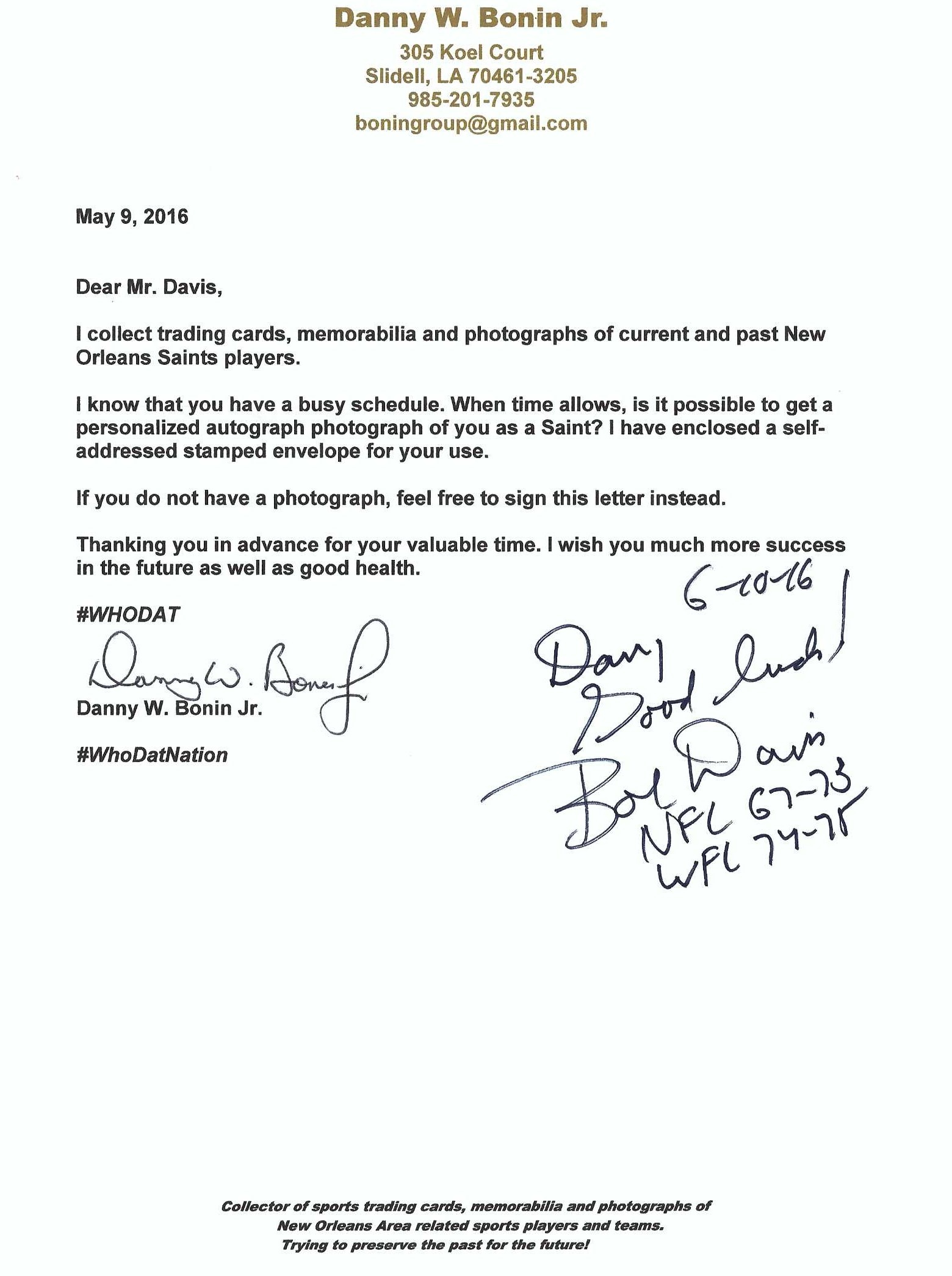 Signed item for Autograph #339 & #340 – Bob Davis – New Orleans Saints – NFL