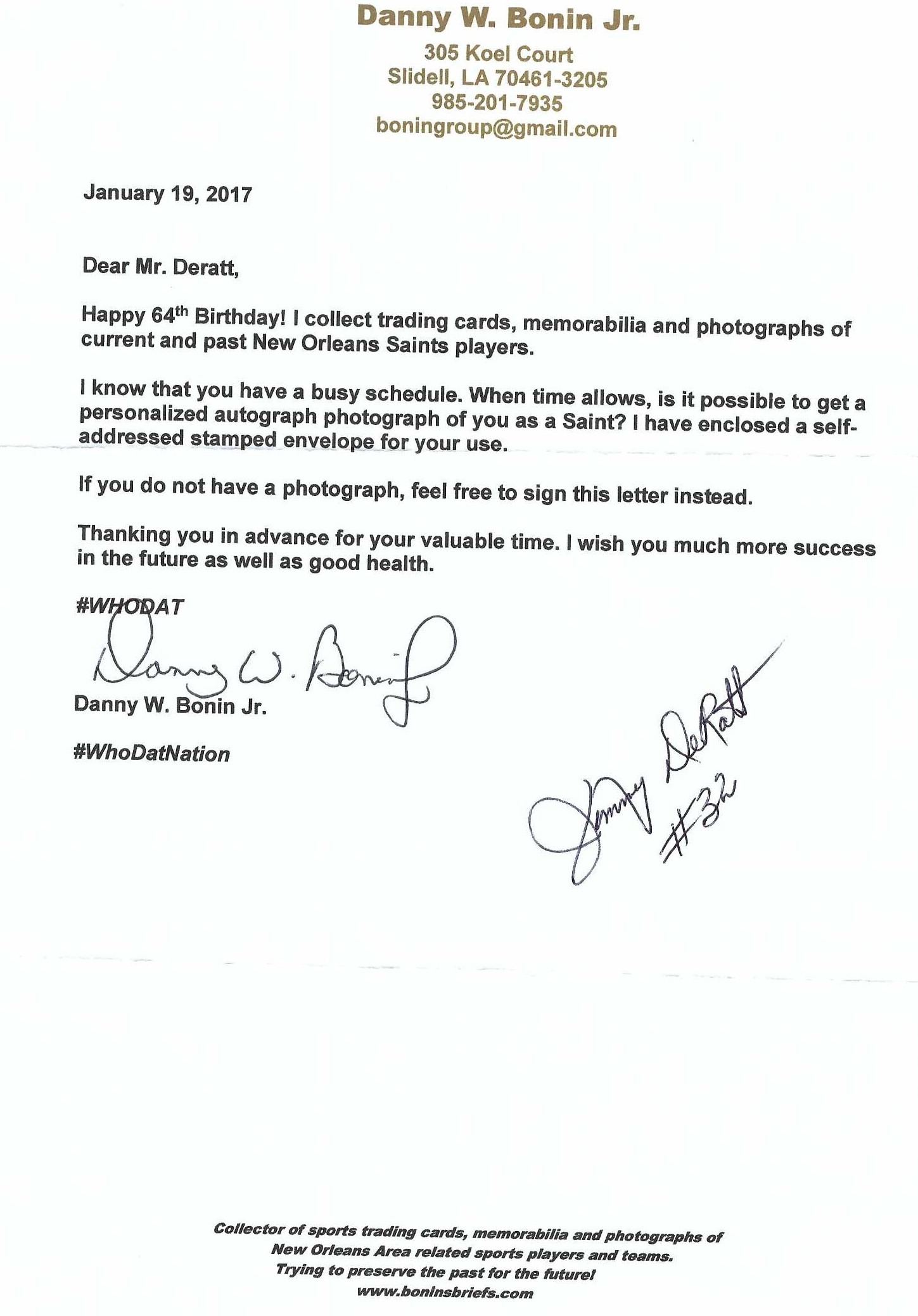 Signed item for Autograph #353 – Jimmy DeRatt – New Orleans Saints – NFL