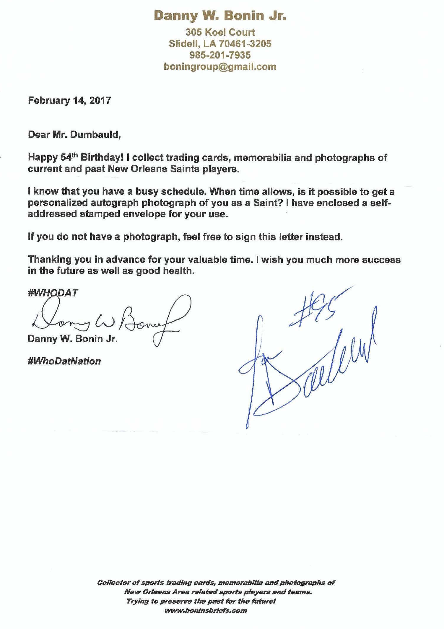 Signed item for Autograph #365 – Jon Dumbauld – New Orleans Saints – NFL