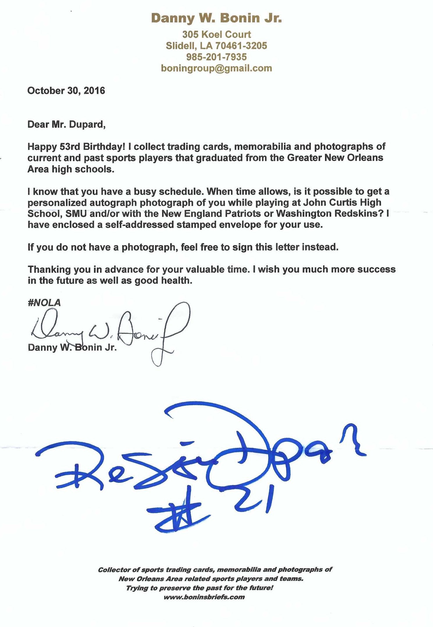 Signed item for Autograph #366 – Reggie Dupard – New England Patriots – NFL